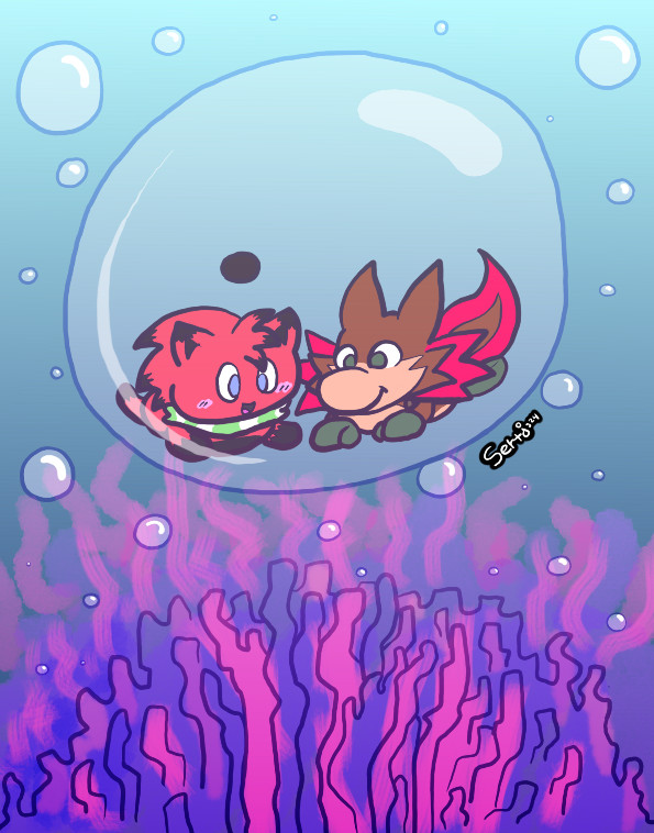 A colored illustration for Art Fight user Heimeithewitch of their character Coral (right) alongside Sertimus (left). They're an axolotl! Both are venturing into the ocean through a bubble to have a closer look at a coral reef.