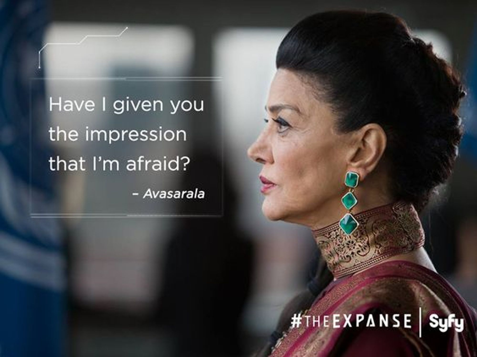 Photo of UN Secretary General Chrisjen Avasarala (from The Expanse television and book series) in profile with quote, "Have I given you the impression that I'm afraid?"