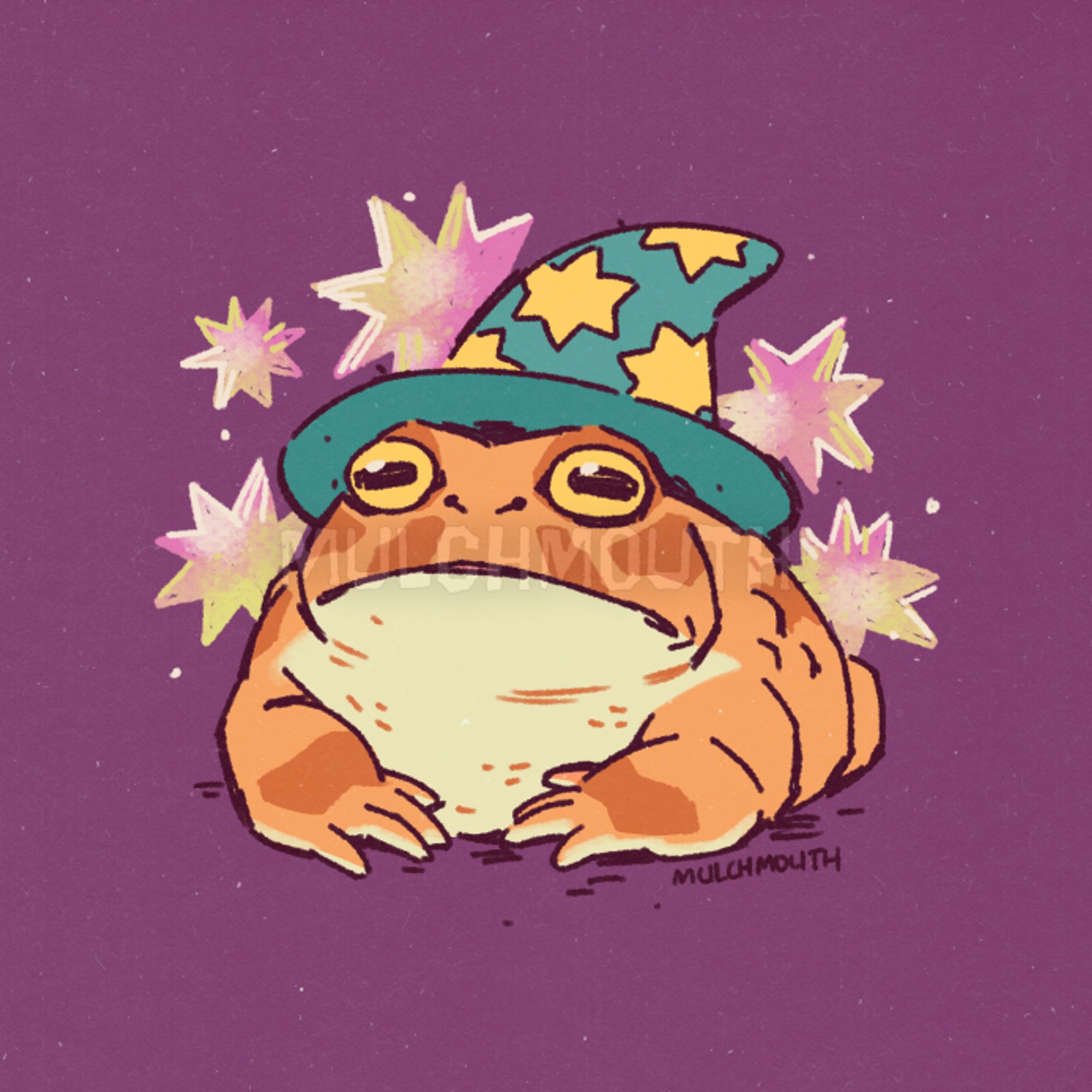 Illustration of an orange wizard frog on a purple background. A top the frog’s head is a teal wizard hat with yellow stars. The frog’s expression betrays that there is not a single thought in their head.