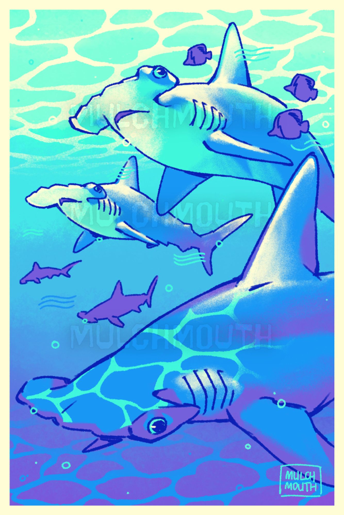 Illustration of five scalloped hammerhead sharks swimming in the ocean. The illustration is mostly cyan, blue, and purple. There are wave ripples at the top and bottom of the background as well as on the shark in the lower third foreground.