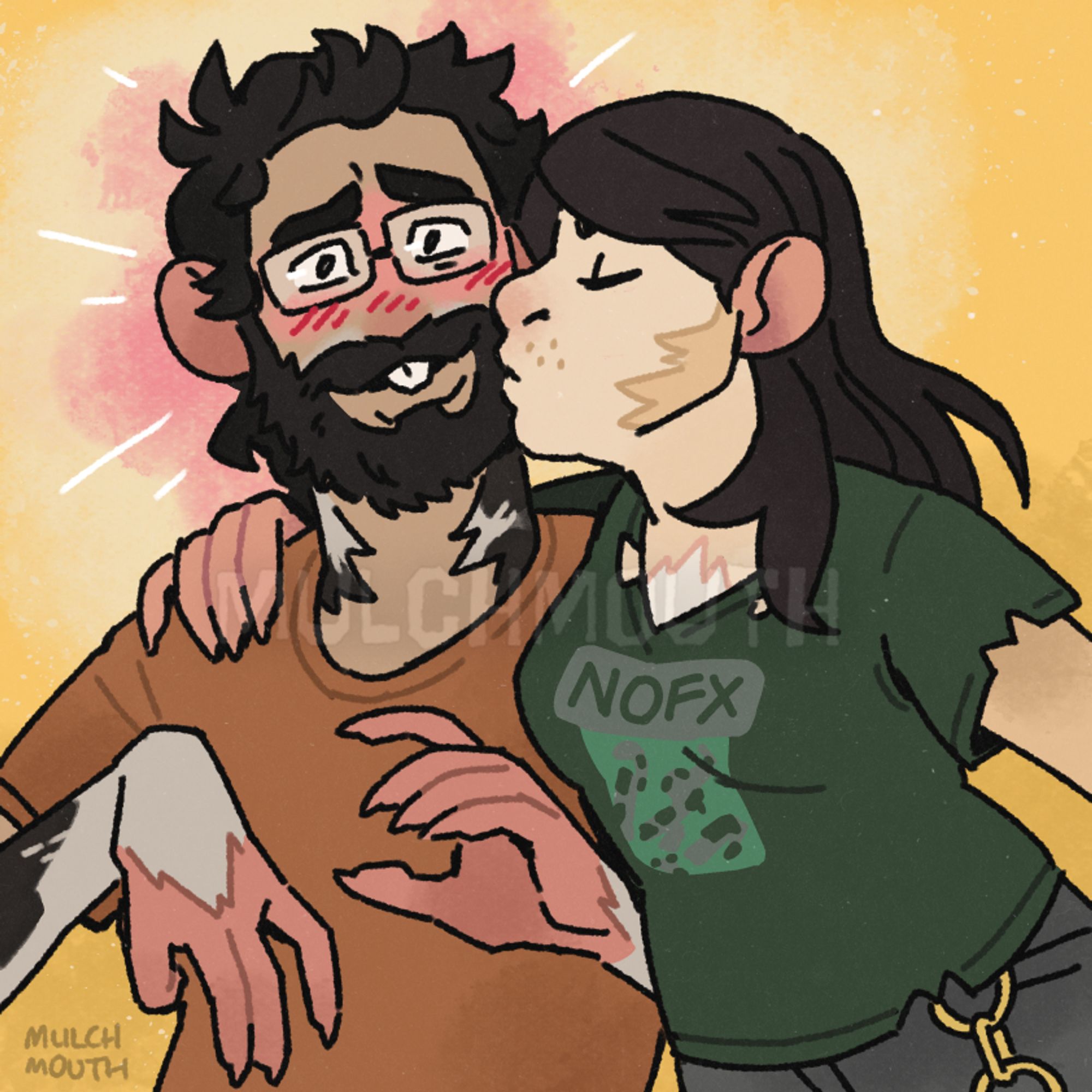 Illustration of two people mid transformation into mice. The figure on the right side is kissing the cheek of the figure on the left. The figure on the right has long dark hair and is wearing a tattered dark green NOFX shirt. Her ears are growing in size, fur is creeping up her skin, and her face is starting to form a muzzle. The figure on the left has short black curly hair, a beard, glasses, and is wearing a burnt orange shirt. His ears are also enlarged and has rodent like teeth. His arms and neck and covered in fur. He's very flustered receiving the kiss.