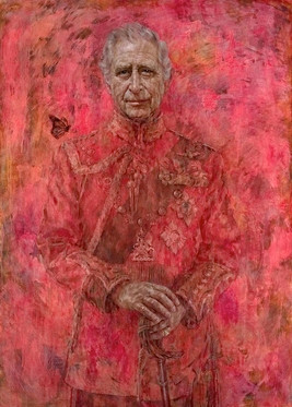 A formal painted portrait of an older man (His Royal Majesty King Charles III) in regal military attire, set against a vivid, textured pink and red background. The man has grey hair and a solemn expression, and he stands with both hands resting on a sword. His uniform is adorned with medals and intricate decorations. A small butterfly is visible to the left of his shoulder, adding a delicate, surreal touch to the composition. The overall style blends realism with expressive, layered brushstrokes.