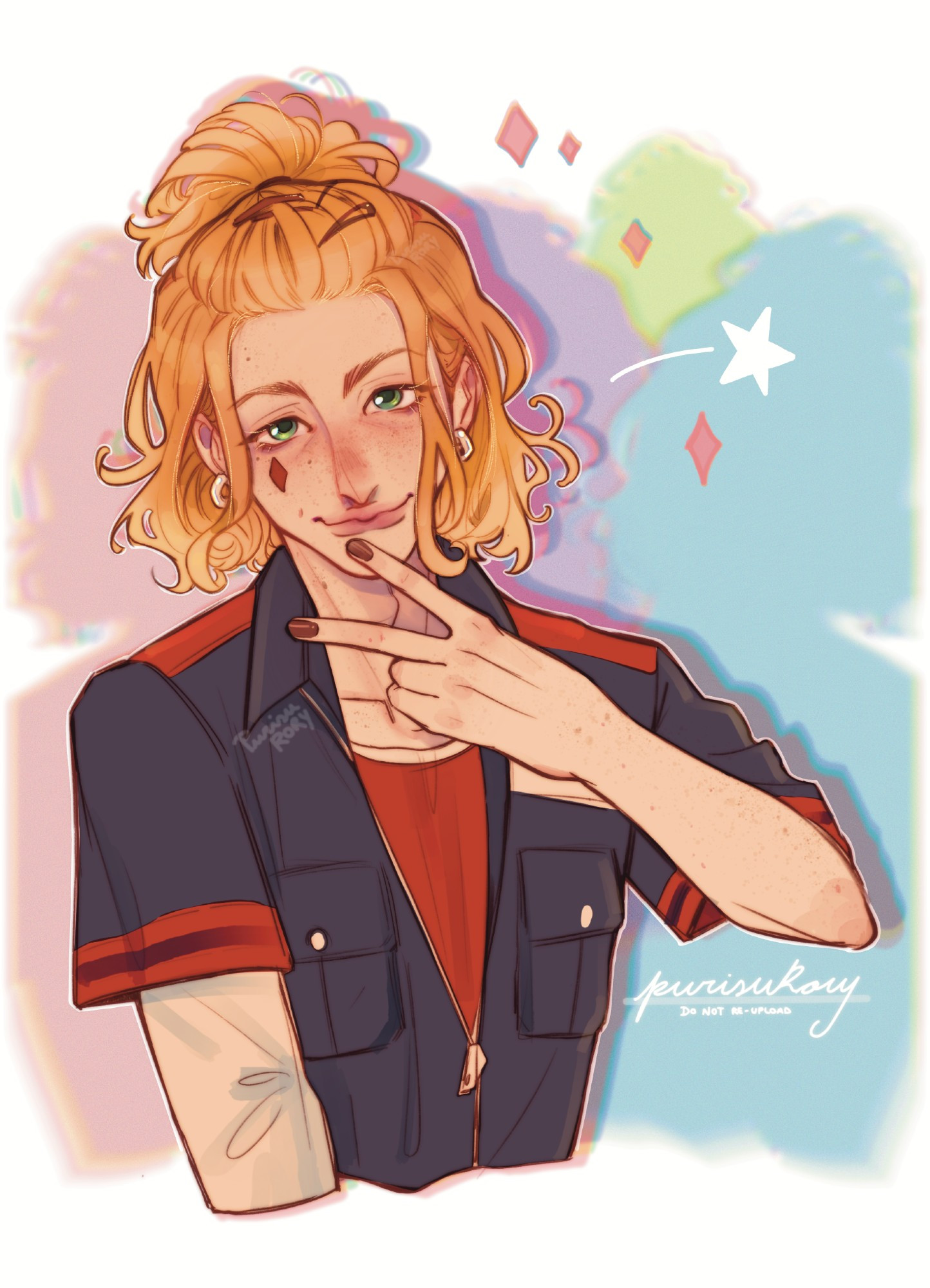 Halfbody illustration of Twisted Wonderland character Cater. He is wearing the PE uniform. He is making a piece sign with his left hand, bringing it close to his lips. He is smiling slightly, but it doesn't really reach his eyes. As per personal interpretation of his design, he is wearing some hairpins, and has freckles on his body, as well as a dimple on his right cheek . Different sillhouettes of him in different colors serve as background behind him, representing his unique magic.