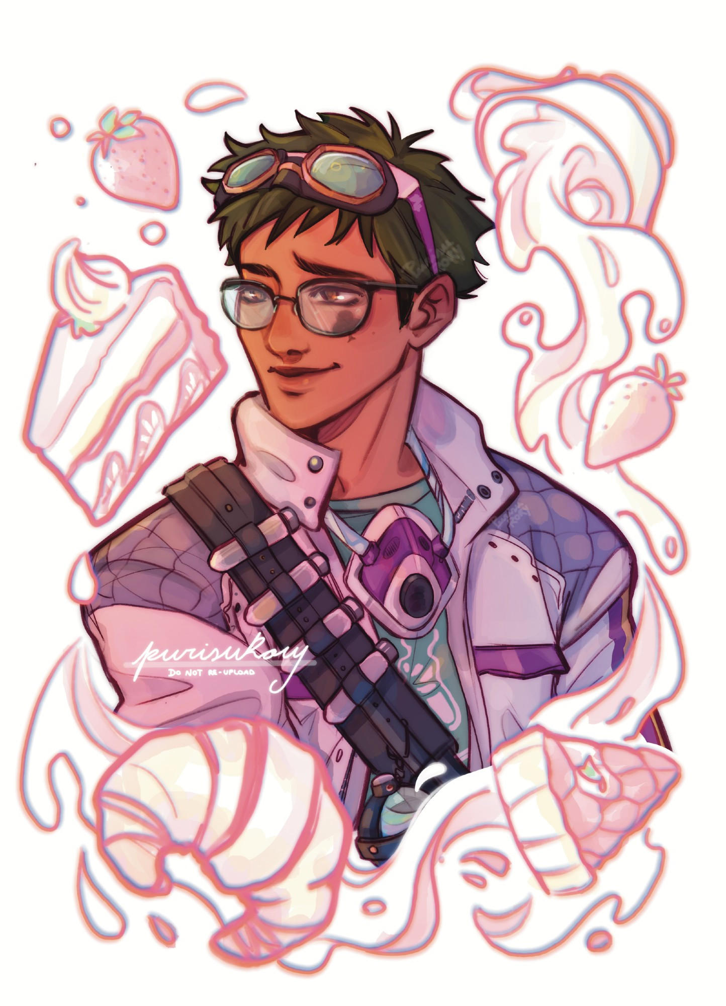 Halfbody illustration of Twisted Wonderland character Trey. He is wearing his science club clothes. He has his characteristic expression rising one eyebrow and softly smiling. Around him float diverse illustrations of different desserts: a strawberry cake, fruits, a croissant, a cherry tart and a spilled teacup, the liquid content surrounding him and the desserts. 