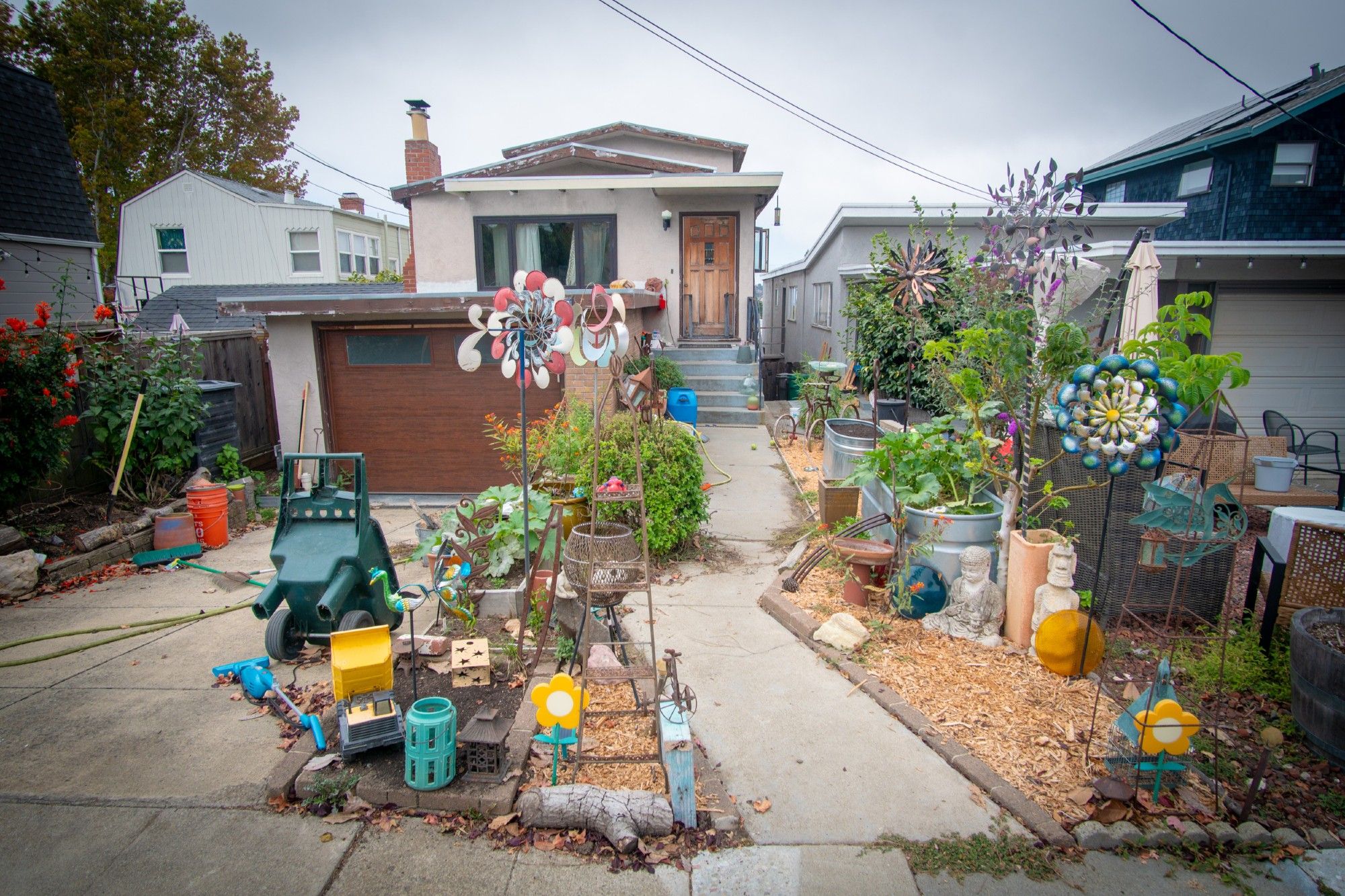 House with a lot of colorful ornaments in front of it