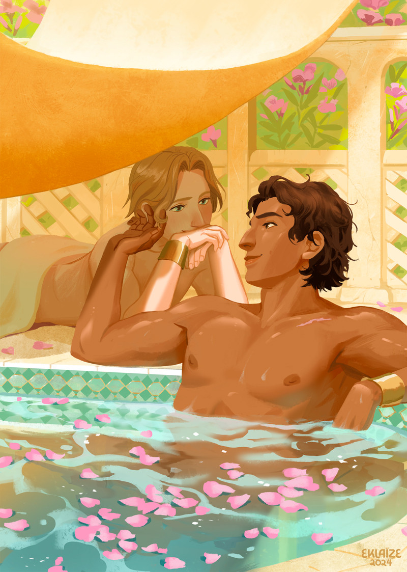 The two main characters from captive prince. Damen is sitting in a pool with rose petals on the water surface. He is stroking Laurent's hair who is relaxing in the shadow outside the pool. The sun is very bright on the  yellow stone.