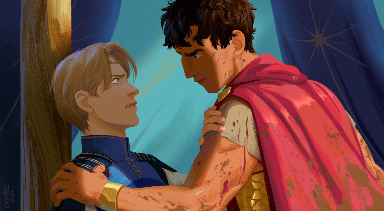 Damen confronts Laurent  face to face. Laurent seems to have pain in his shoulder that Damen is pressing into.