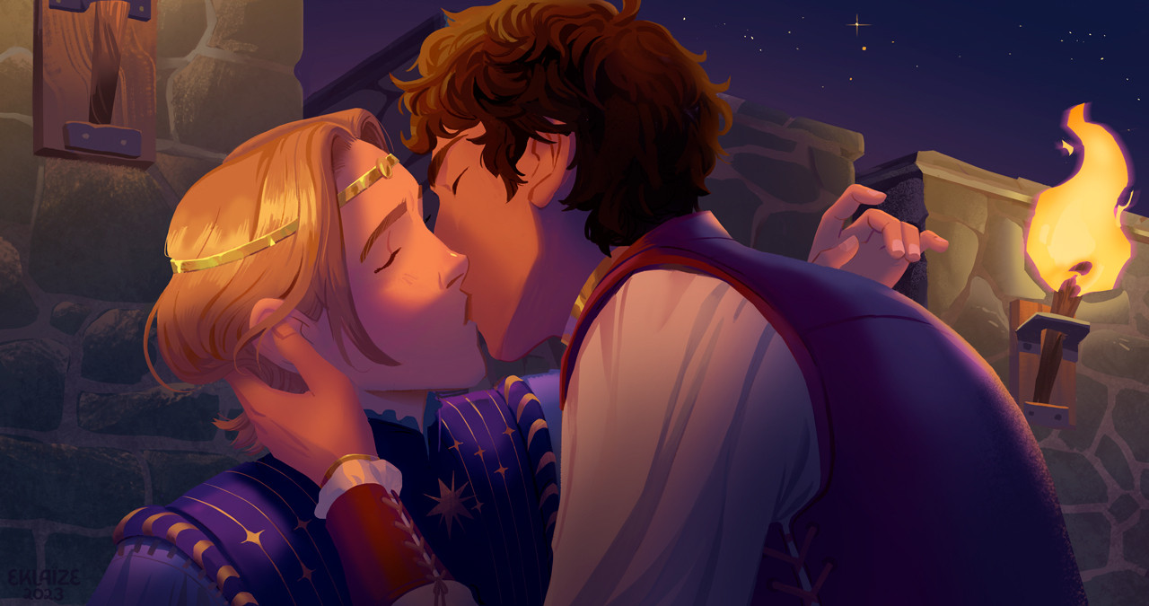 The characters from Captive Prince, Damen and Laurent, are kissing on the battlements under a night sky.