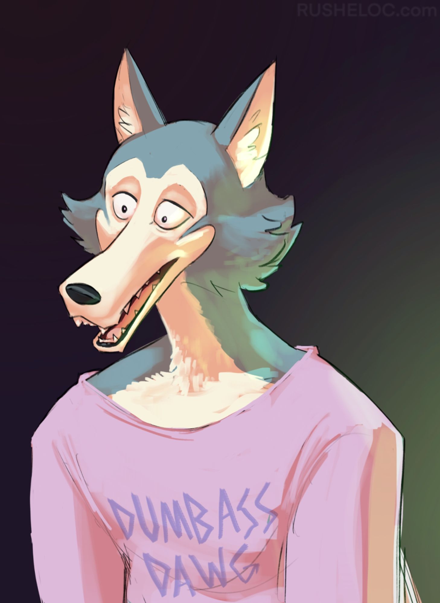 legoshi from beastars looking dumb and wearing a pink shirt that says "dumbass dawg"