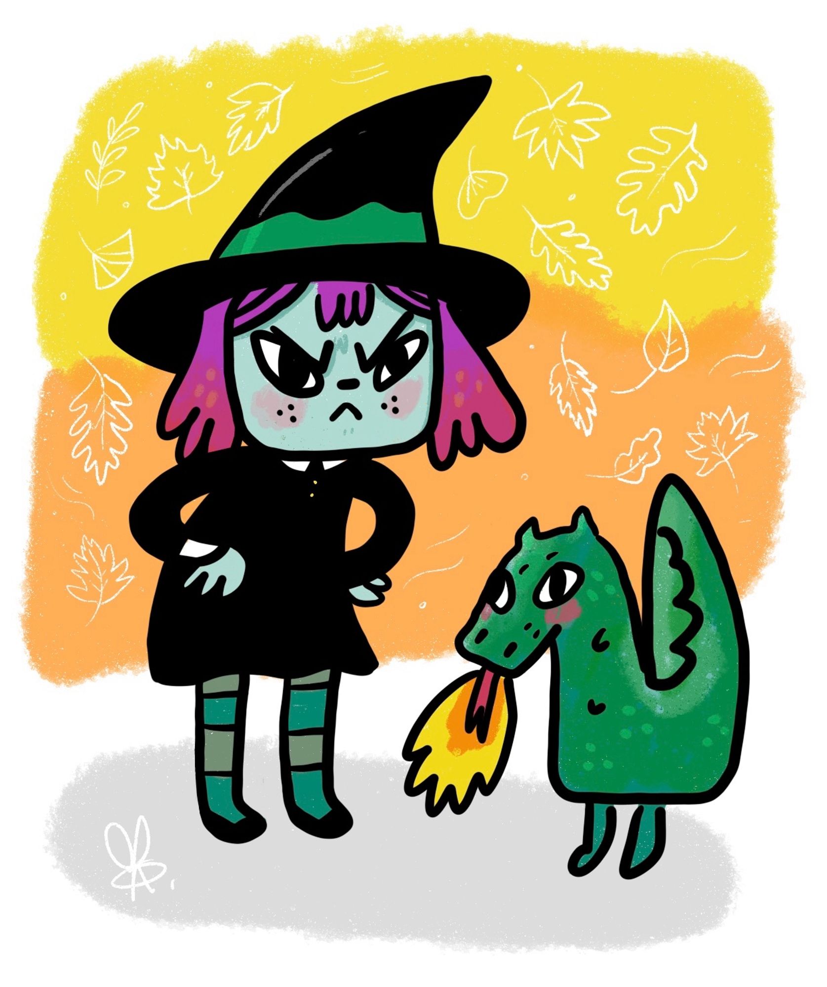 Small, cute witch standing with arms akimbo making a disappointed face at a derpy, weird, tiny dragon