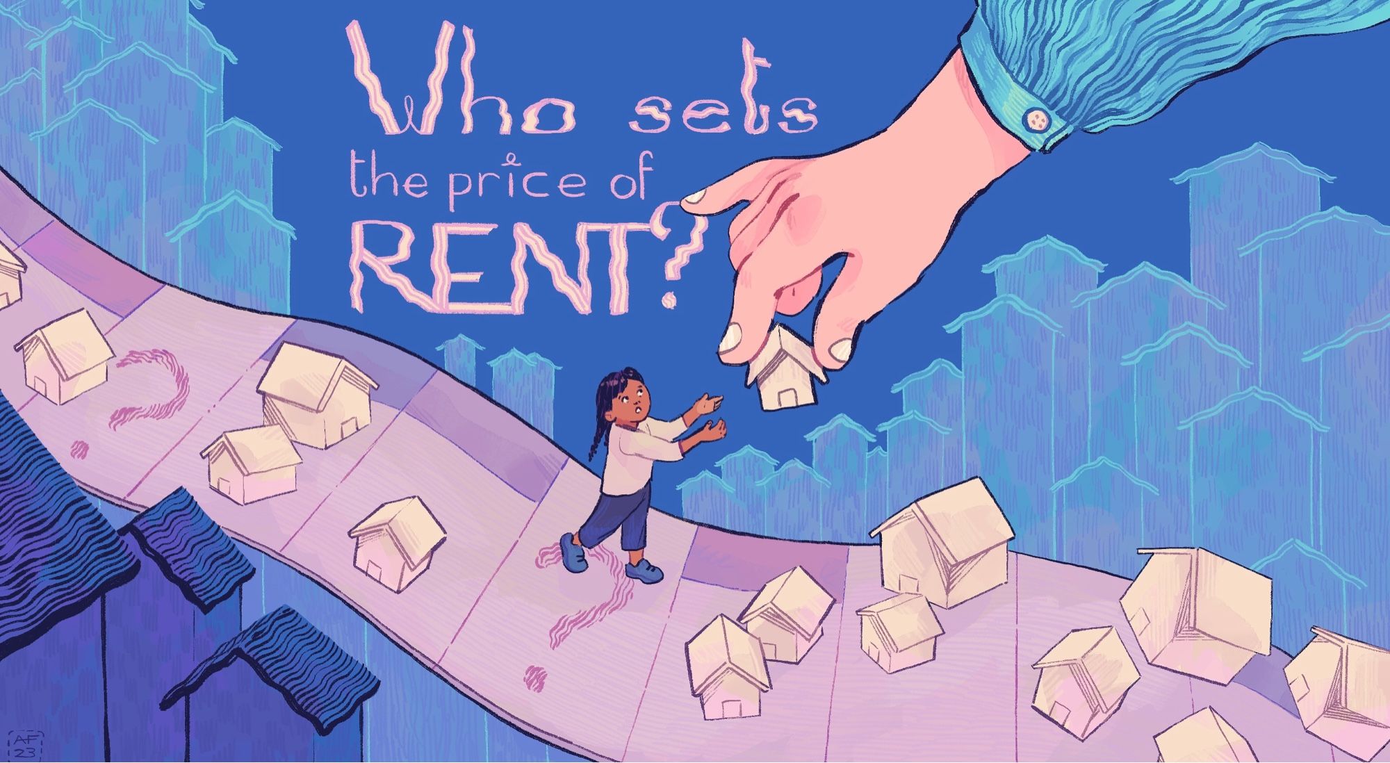 Illustration showing a large hand giving a house-shaped Monopoly game piece to a much smaller child standing on a Monopoly-style game board. There are many more house game pieces on the board, and house shapes loom in the foreground and background. The episode title reads, “Who sets the price of rent?”