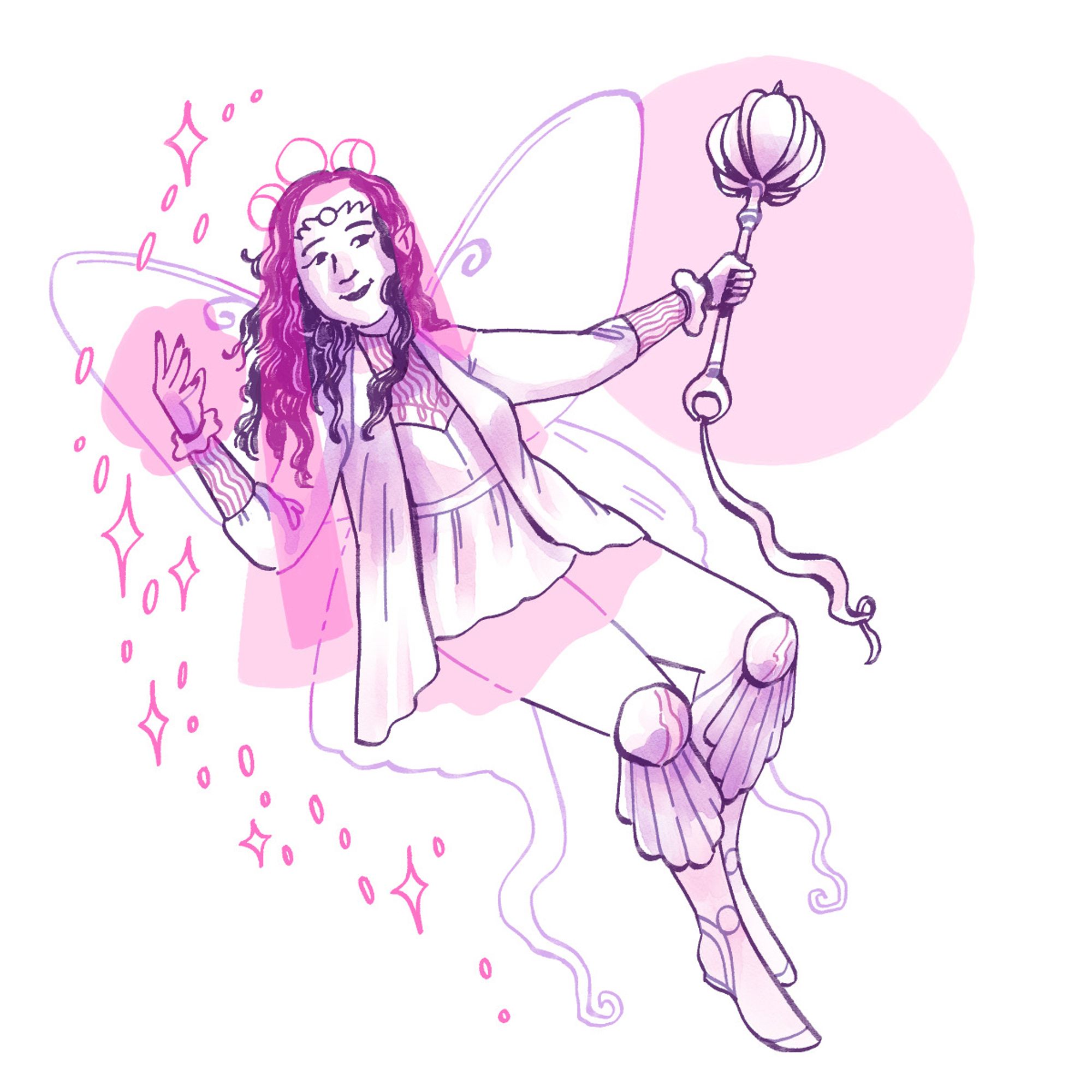 Finished commission art of the commissioner’s D&D character, a pink fairy who is a cleric to Selune, the moon goddess. She has luna moth wings, flowing clothing, a moon headpiece, and she is wielding a mace.