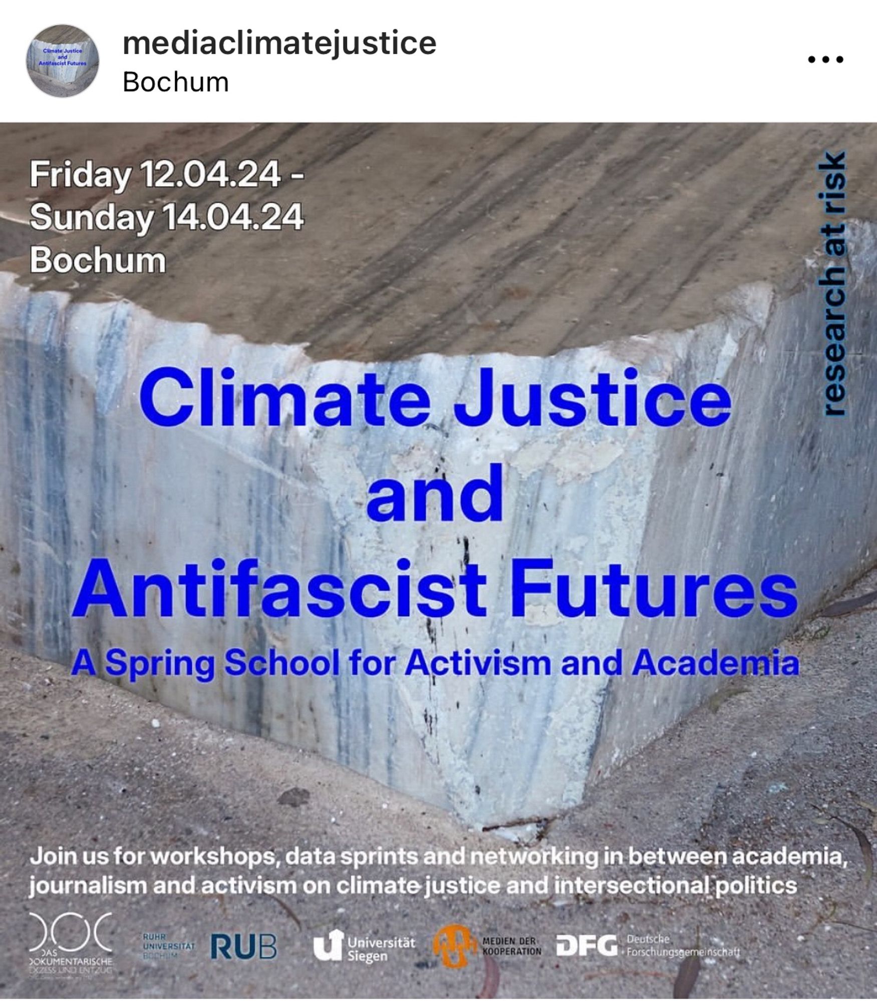 Instagram-Post des Accounts mediaclimatejustice: Friday 12.04.24 bis Sunday 14.04.2024. Climate Justice and Antifascist Futures. A Spring School for Activism and Academia. Join us for workshops, data sprints and networking in between academia, journalism and activism on climate justice and intersectional politics