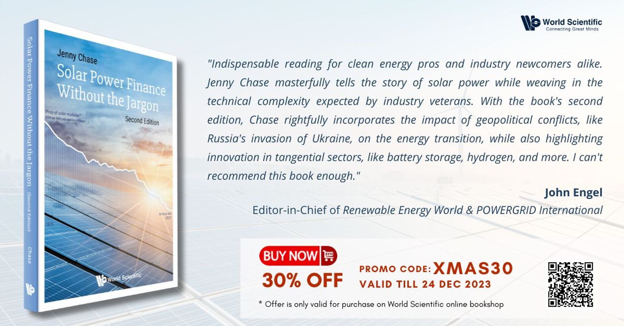 A promo code for Solar Power Finance Without the Jargon, edition 2. It is XMAS30, 30% off, valid until 24 December 2023.