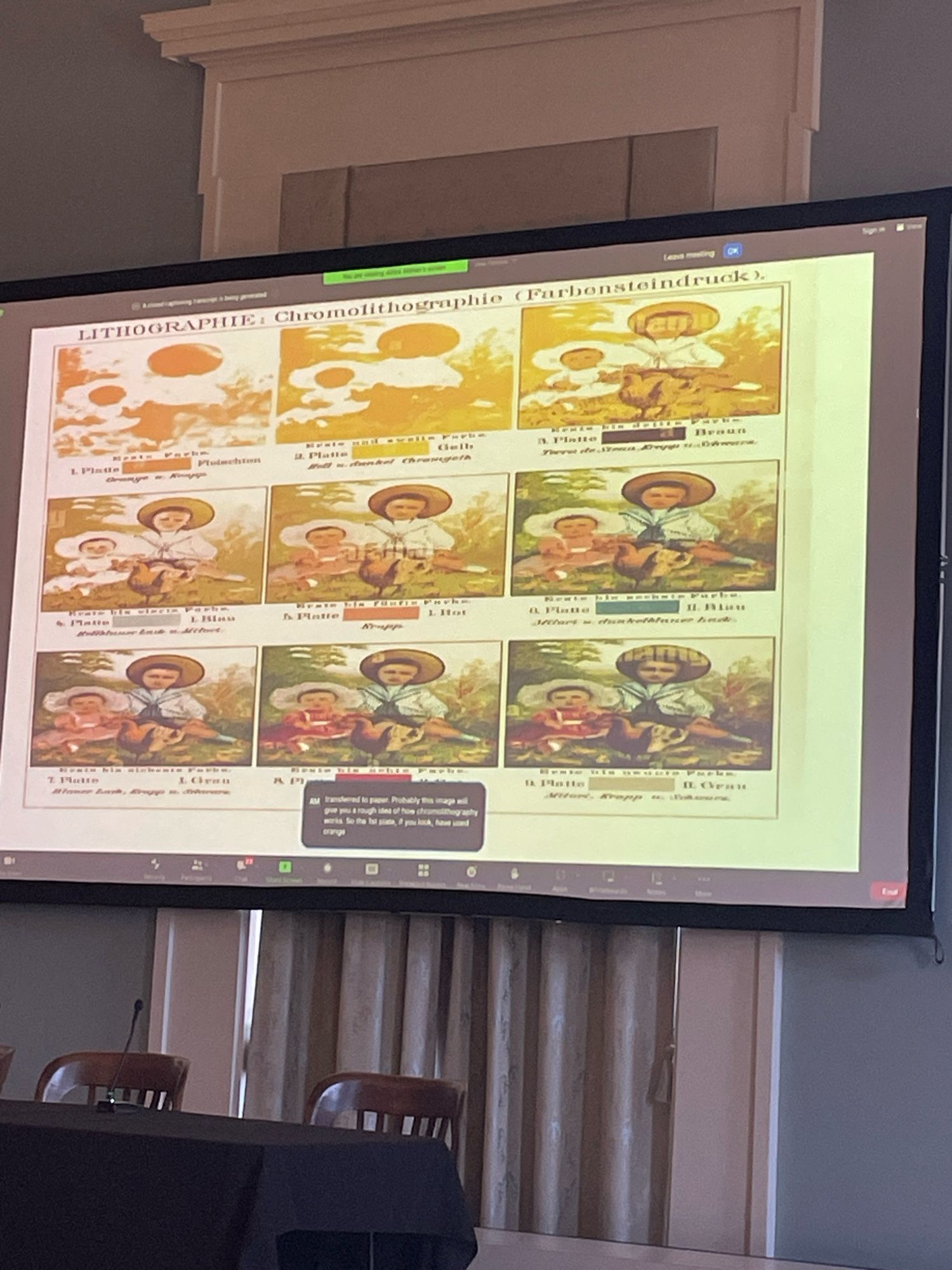 Slide showing chromolithographic rendering infographic.