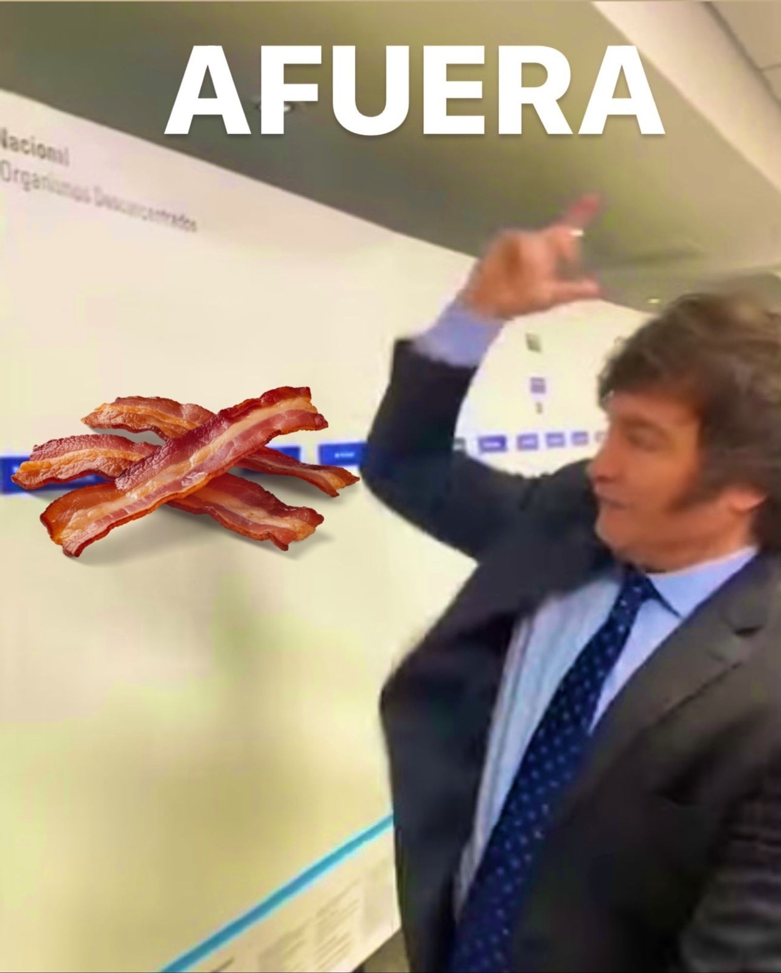 Milei standing in front of a whiteboard taking magnets off it and throwing them behind his back while screaming AFUERA, but one of the magnets has been replaced with a transparent png of bacon