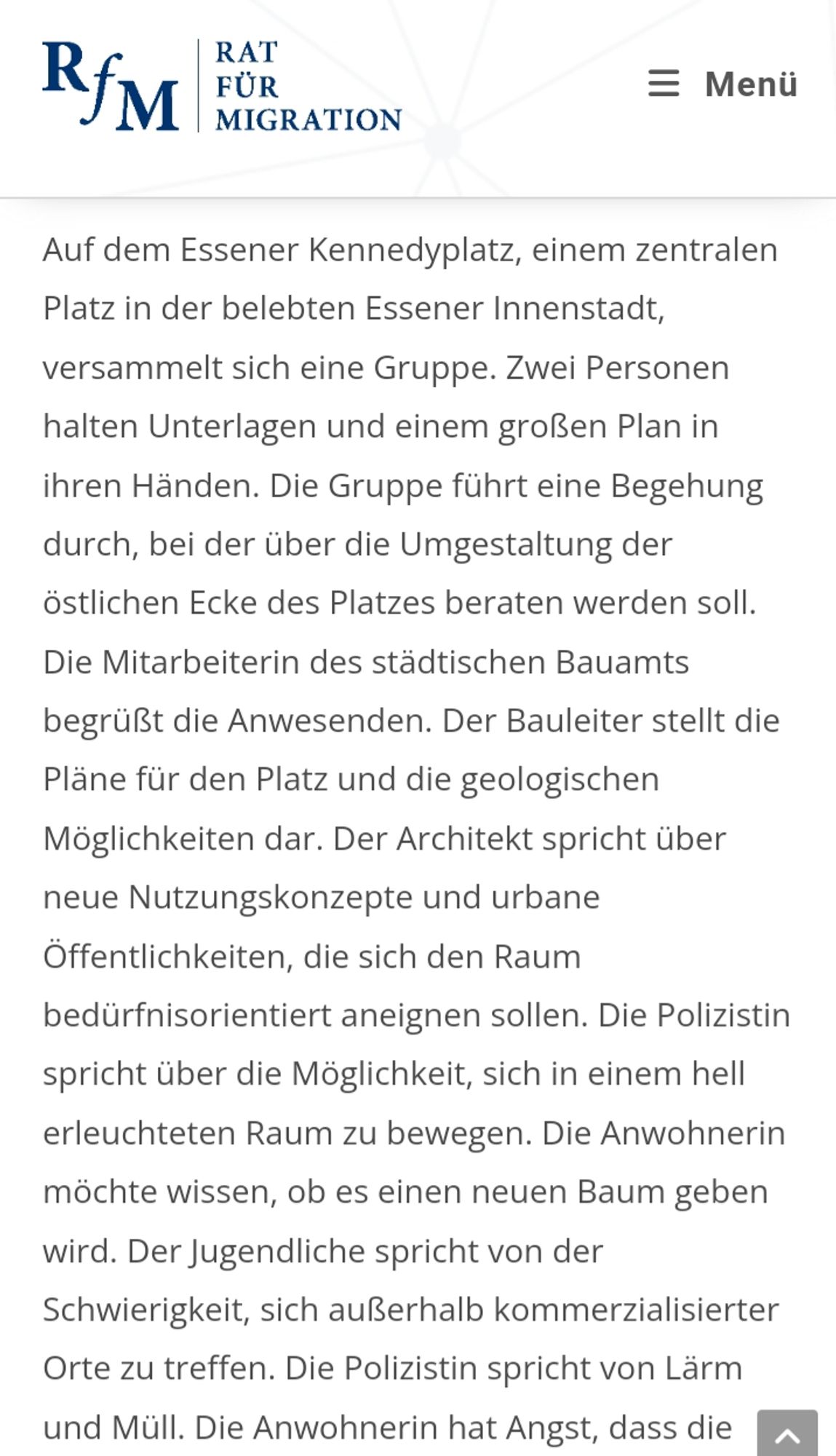 Ayf dem Essener Kennedyplatz, einem zentralen Platz der Stadt, versammelt sich eine Gruppe... Aus:  https://rat-fuer-migration.de/2023/07/03/sprachen-nach-bedarf-statt-deutsch-nach-vorschrift-ein-plaedoyer-fuer-einen-pragmatischen-umgang-mit-mehrsprachigkeit/