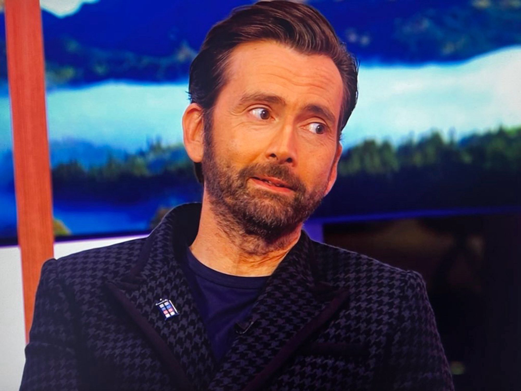 David Tennant is wearing a tardis pin in the trans pride colours