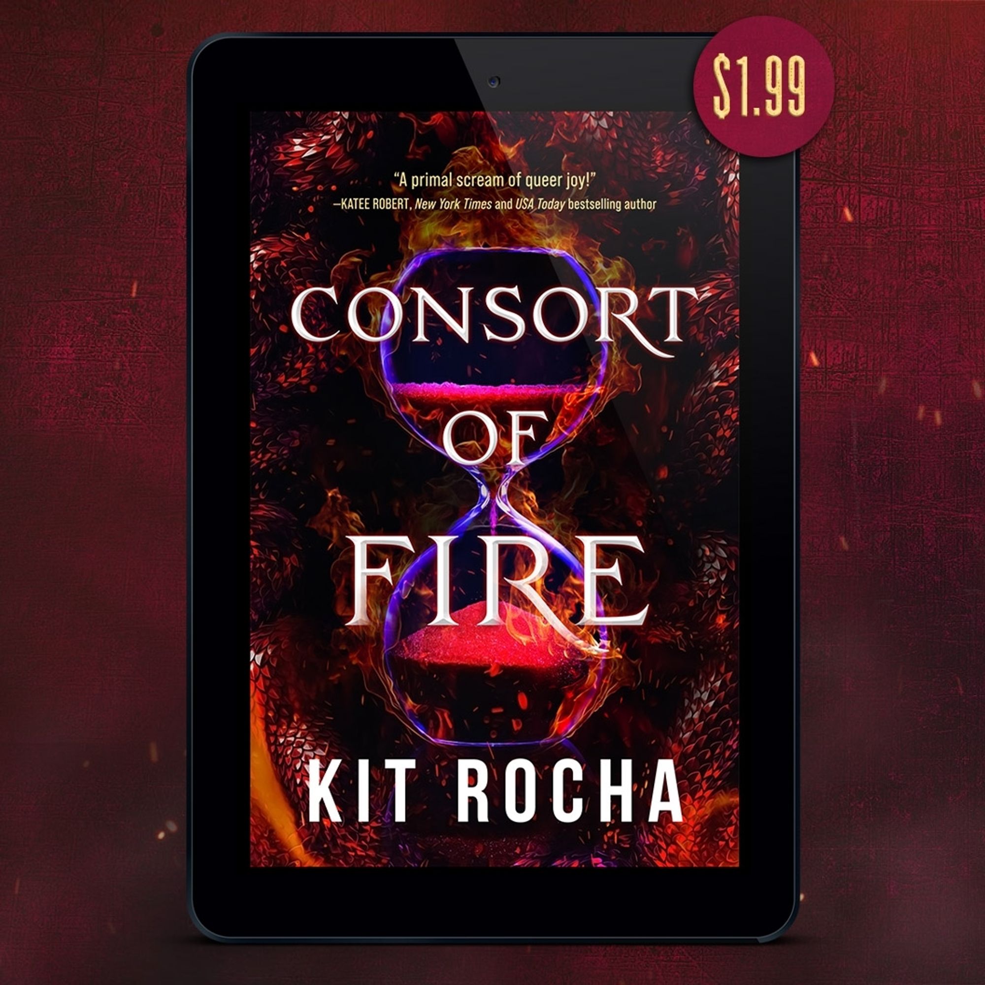 The cover of Consort of Fire, which is an ominous hourglass with blood red sand on the background of dragon scales