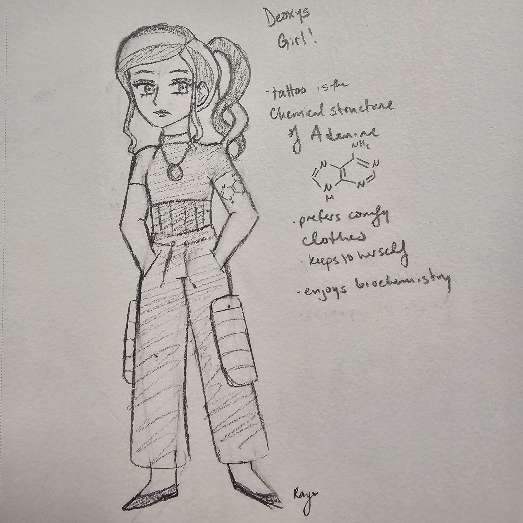 Deoxys Girl, my humanized Deoxys design! She has a ponytail that kinda forms a double helix, a tattoo of the chemical structure of Adenine, cargo pants, a short-sleeved shirt, and a necklace with a strange gem on it..

She wears eye shadow and lipstick too!