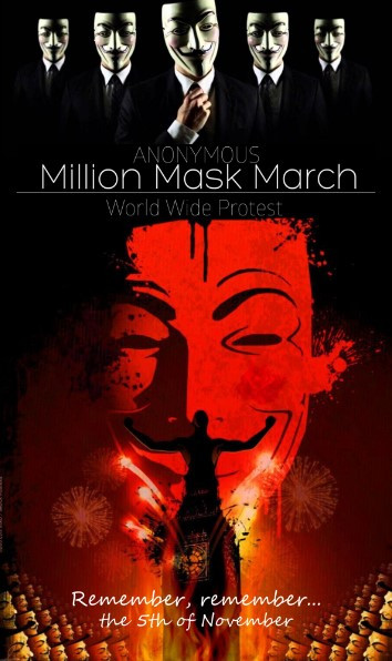 Artwork of red coloured Guy Fawkes mask for the MMM world wide protest. Captioned: "Remember, remember, the 5th of November"