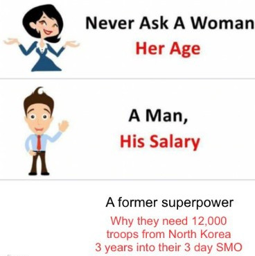 Picture divided into 3 vertical rows, the top of a cartoon woman with text "Never ask a woman her age". The middle is a cartoon man with text "A man, his salary" and the bottom message is "A former superpower why they need 12,000 troops from North Korea 3 yers into their 3 day SMO. 