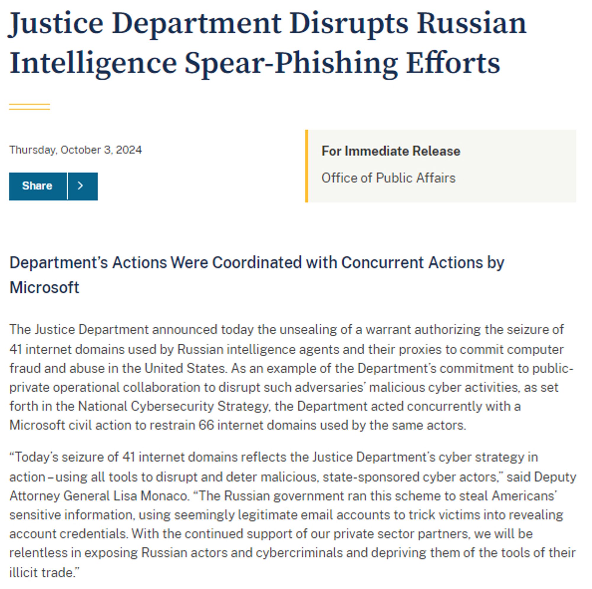 "Justice Department Disrupts Russian Intelligence Spear Phishing Efforts" 41 internet domains seized