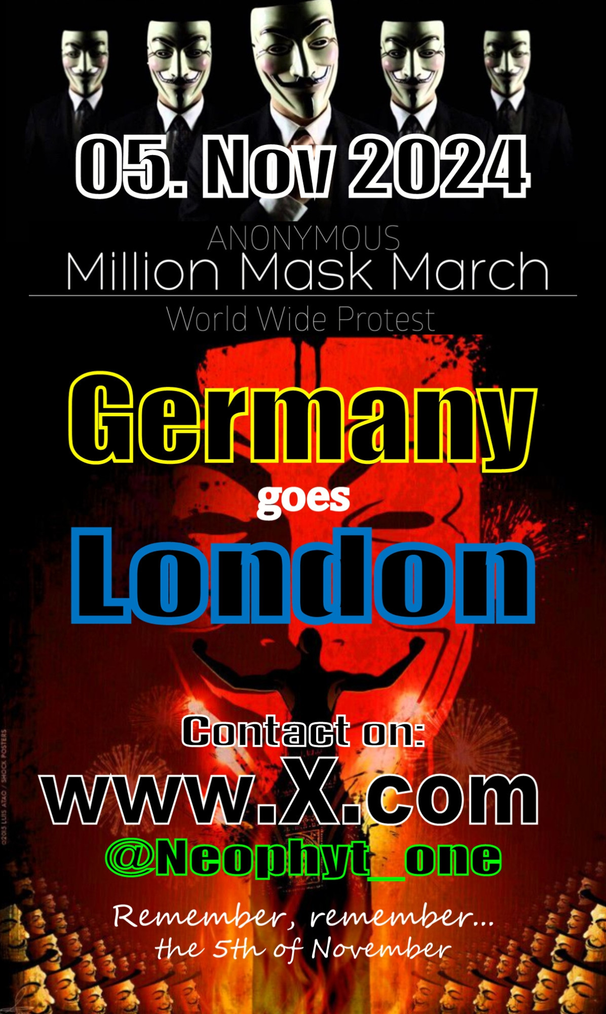 Million Mask March for London on Nov 5, 2024 contact@Neophyt_one on Twitter or via the discord link above