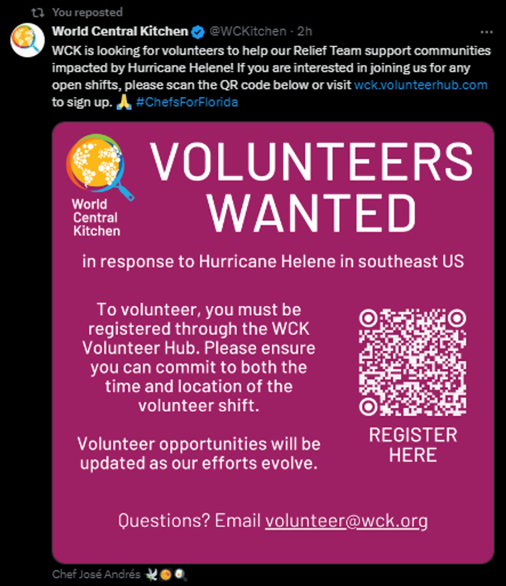 text reads "WCK is looking for volunteers to help our relief team support communities impacted by Hurricane Helene! If you are interested in joining us for any open shifts, please scan the QR code or visit wck.volunteerhub.com to sign up.