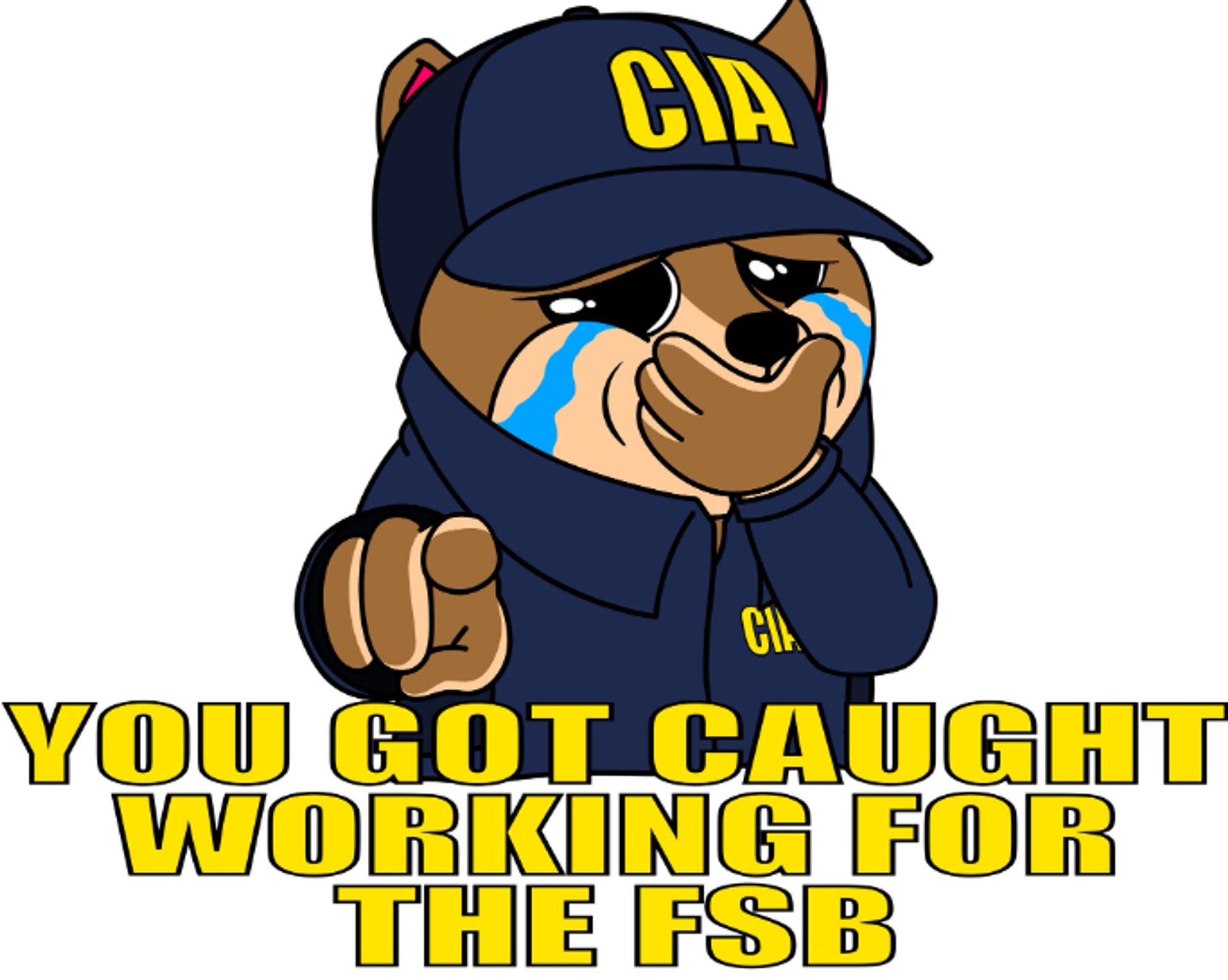 Picture of a cartoon Shiba dog wearing a blue hat and jacket that says CIA on it. The dog is pointing. Caption reads "You got caught working for the FSB."