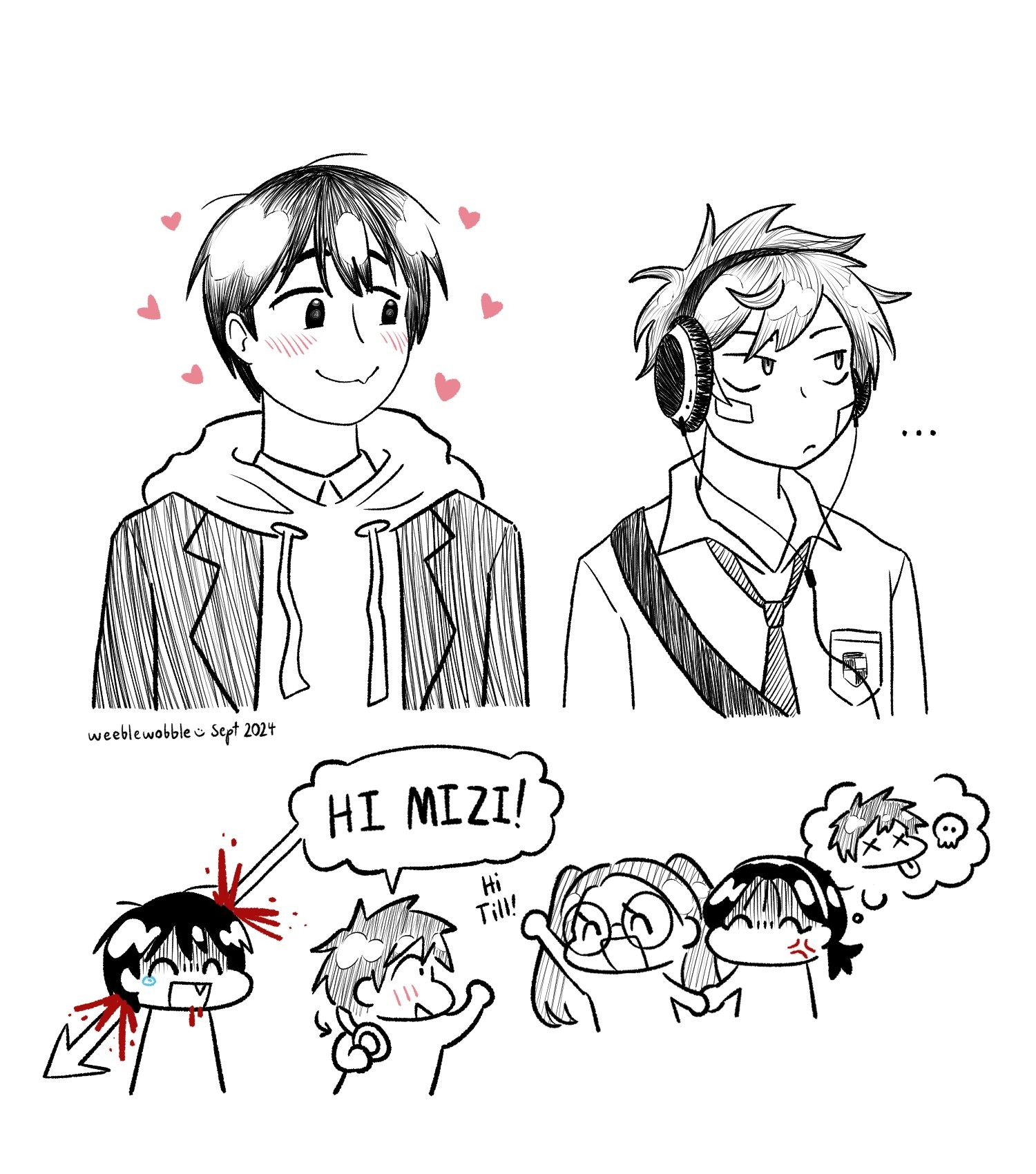 Top: Ivan and Till from Alien Stage. 

Bottom: Doodle of Till excitedly saying "Hi" to Mizi, who responds with a cheerful "Hi" back. Till's speech bubble comically pierces Ivan in the head, while Sua, who is holding Mizi's hand, is quietly wishing death upon Till.