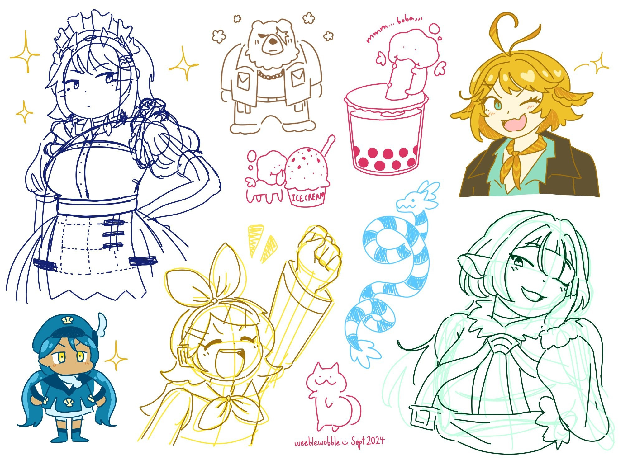 From left to right: Ellen Joe from ZZZ, Ben from ZZZ, two doodles of my persona, Dokibird, my OC Oomy, Rin Kagamine, a doodle of a swirly blue dragon, a doodle of a cat with a big booty, and Jane Doe from ZZZ