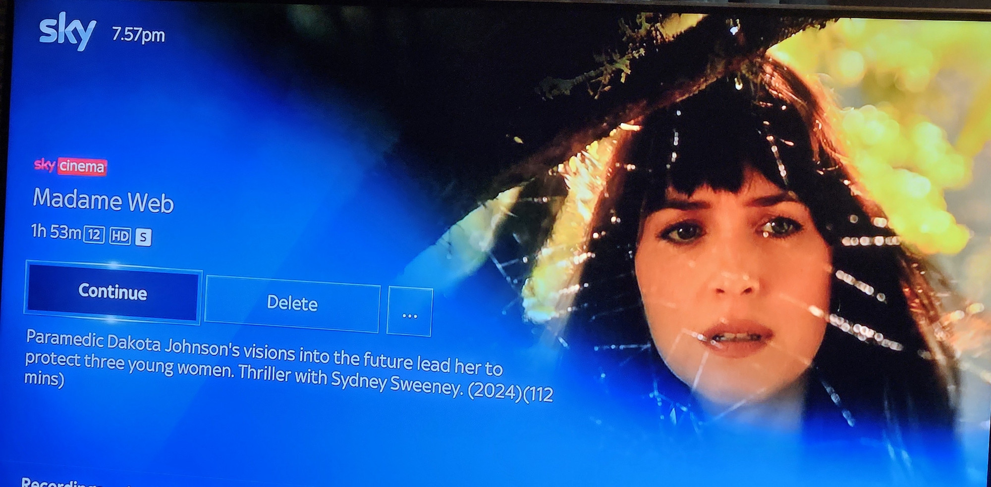 Shot of Madame Webb start screen on SkyQ.