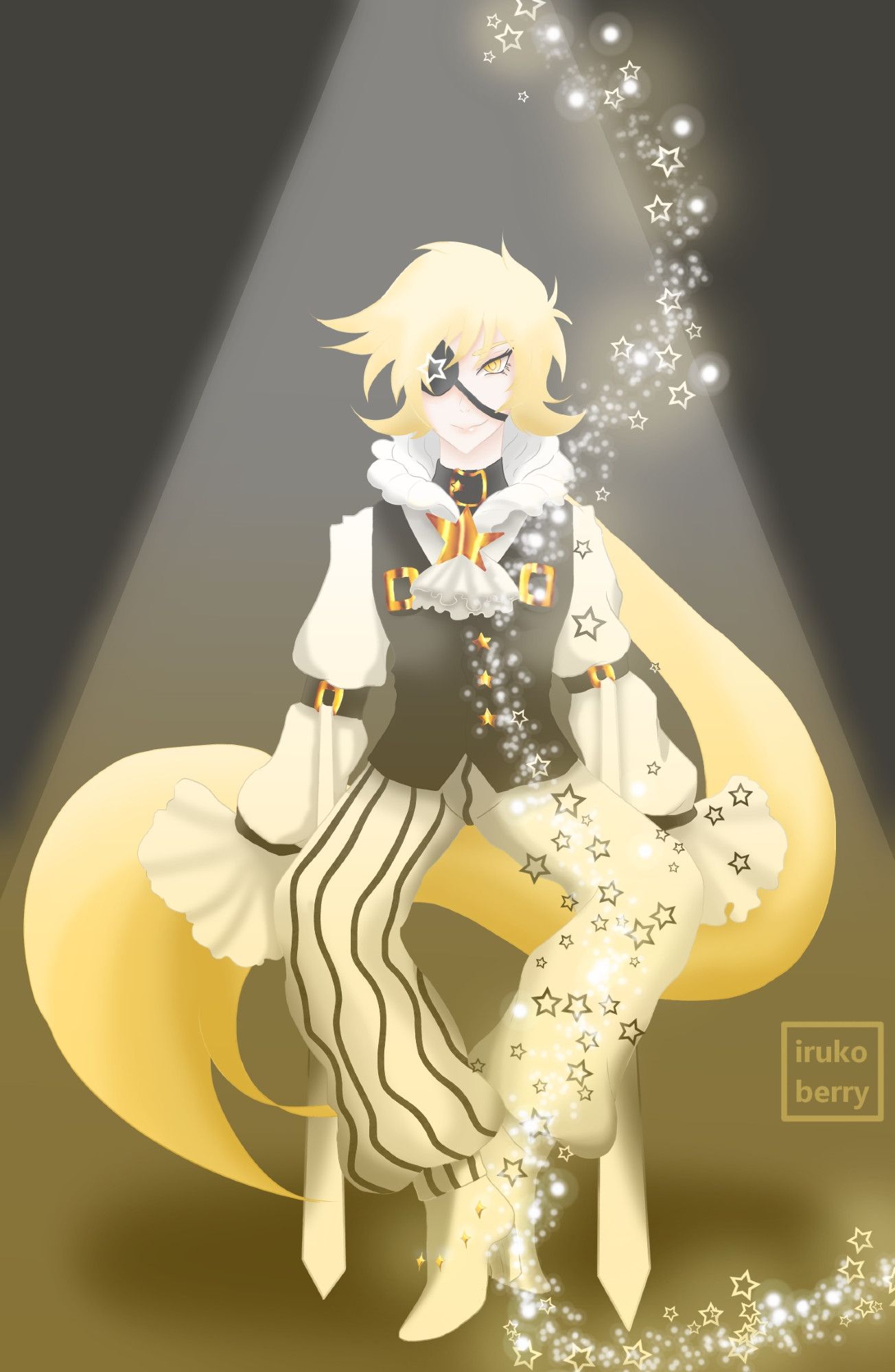 A blonde guy sit on his own long hair with black and white cloths, and a lot of sparkles.