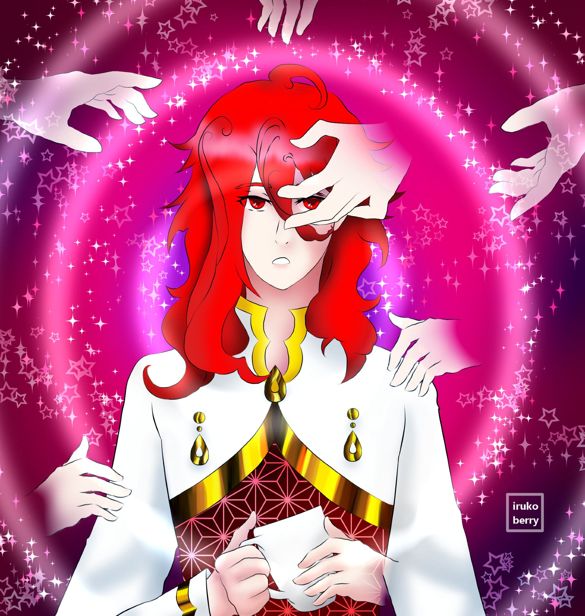 A redhead character holding a cup with a lot of spectral hands beside him.