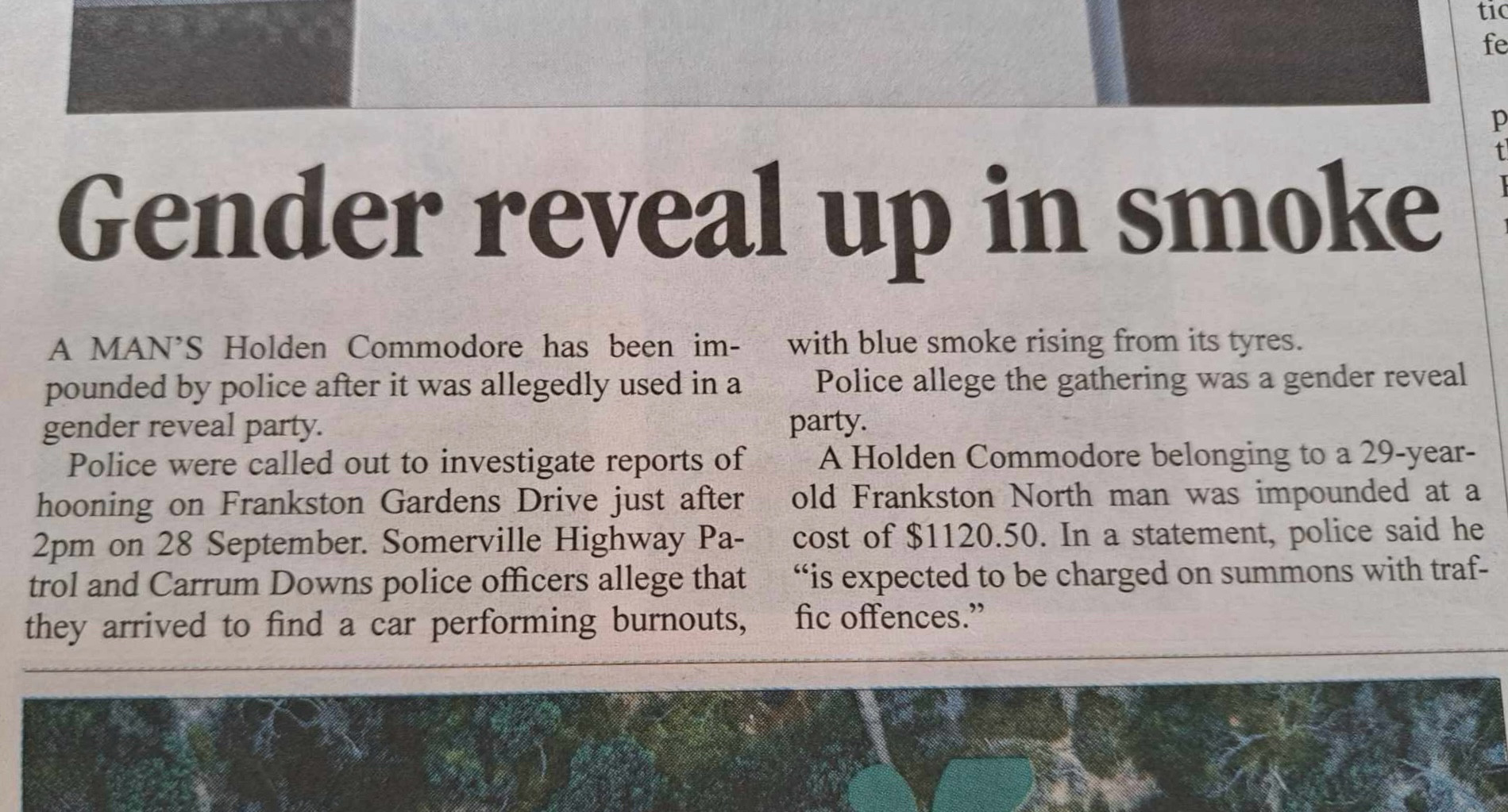 Australian news report on a car being impounded at a gender reveal party