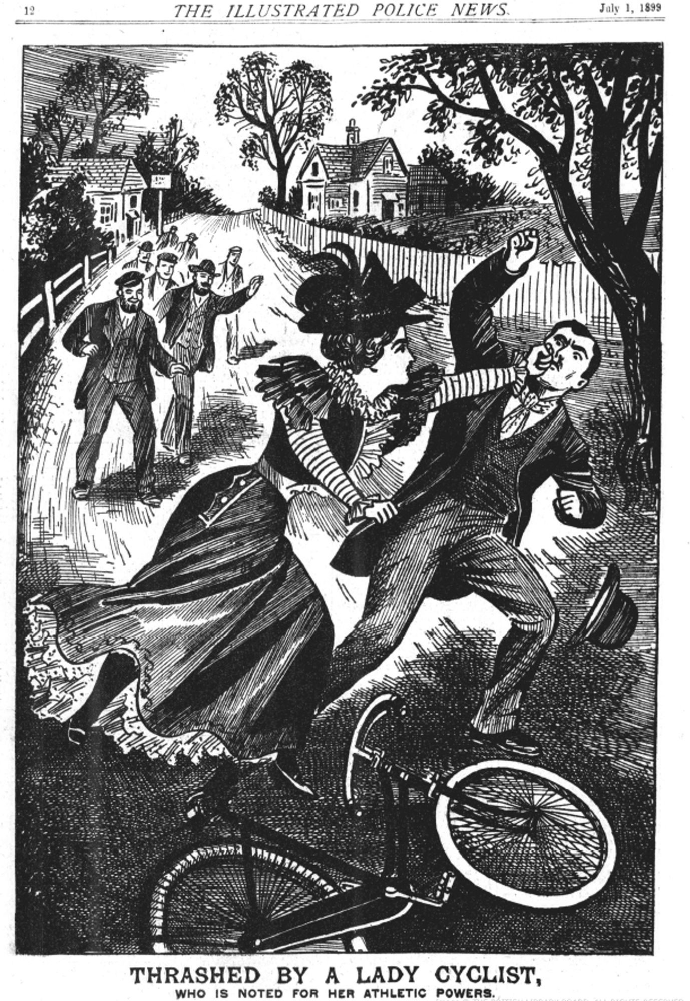 A black and white illustration of a gentleman getting his arse handed to him on a plate by the lady cyclist (who is noted for her athletic powers) while passers-by watch on. His hat has flown off while he takes a straight left to the conker.