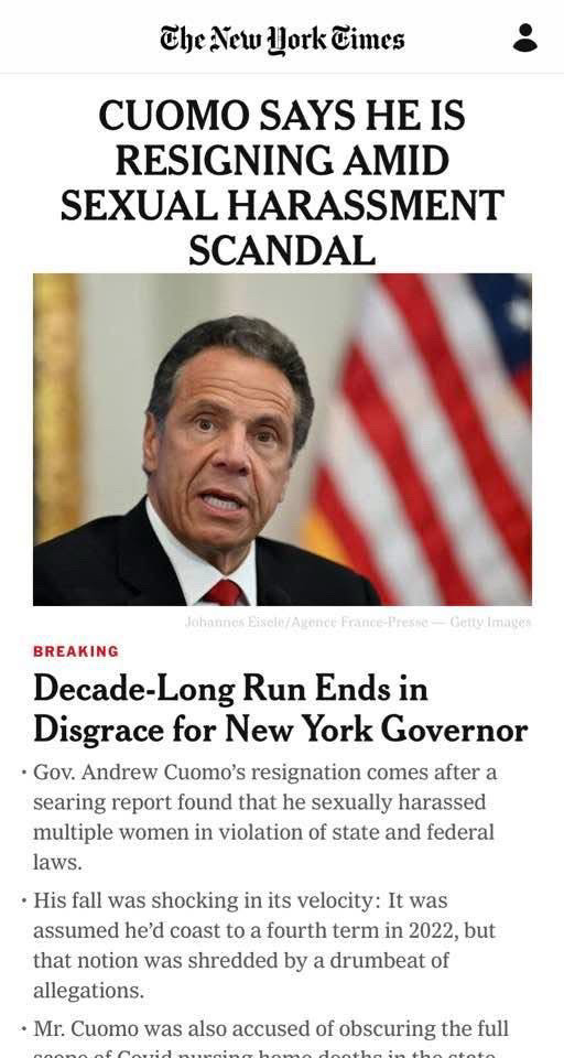 Headline from nyt of Cuomo resigning from office. 