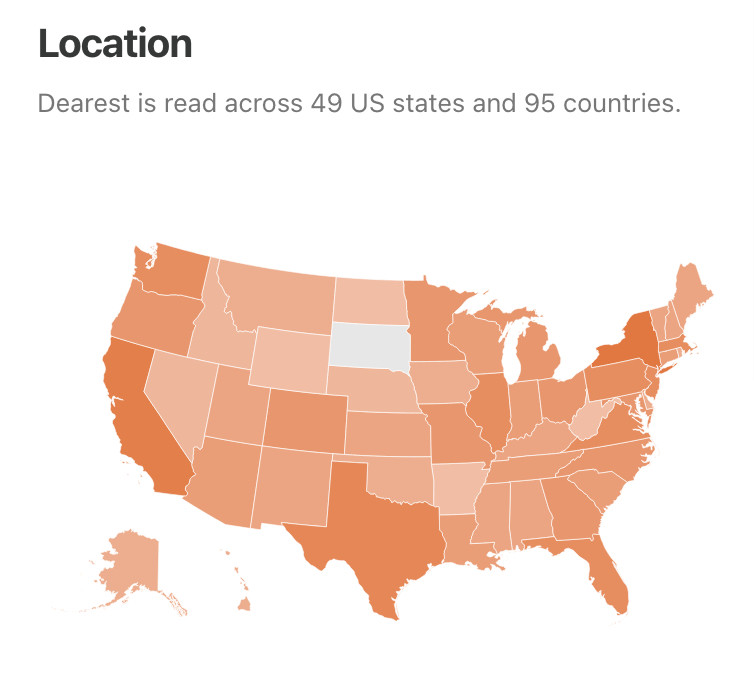 Map of the U.S. showing gradients of color for the amount of Dearest subscribers per state. There are subscribers in all states except South Dakota.