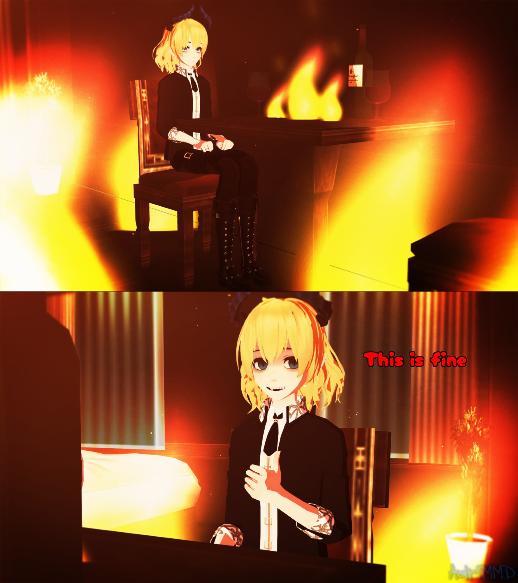 A 2 panel 3D comic featuring my OC Lazarin Luhria 
1st panel : He's is sitting by a table surrounded by flames 
2nd panel : He's looking at the viewer with a stressed/scared expression on his face and says "This is fine" while showing a thumbs up