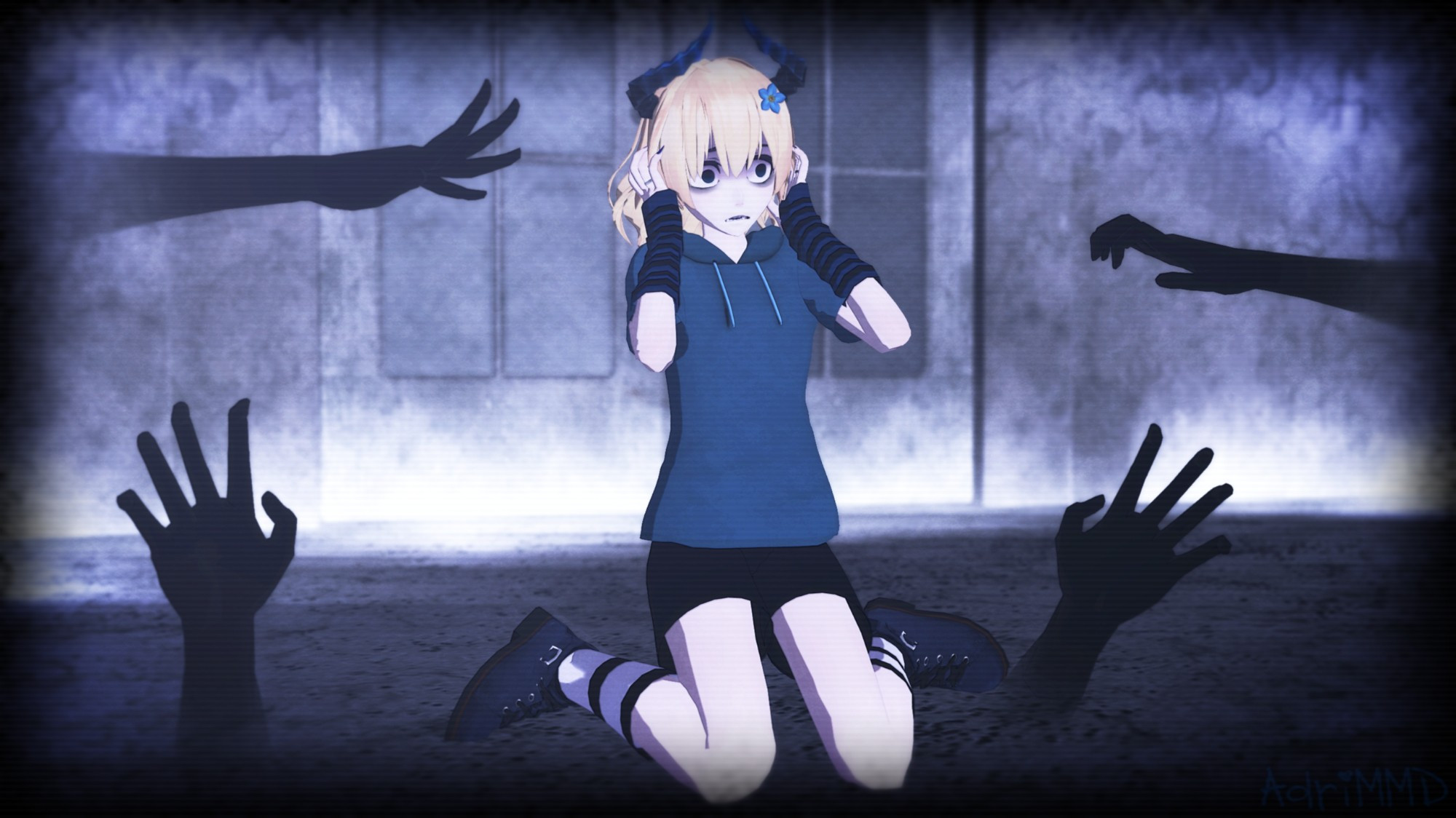 A 3d render made in MMD featuring my OC Lazarin Luhria.
He's in a abandoned room and he's kneeling down with a horrified expression on his face.You can also see four black ghost like hands