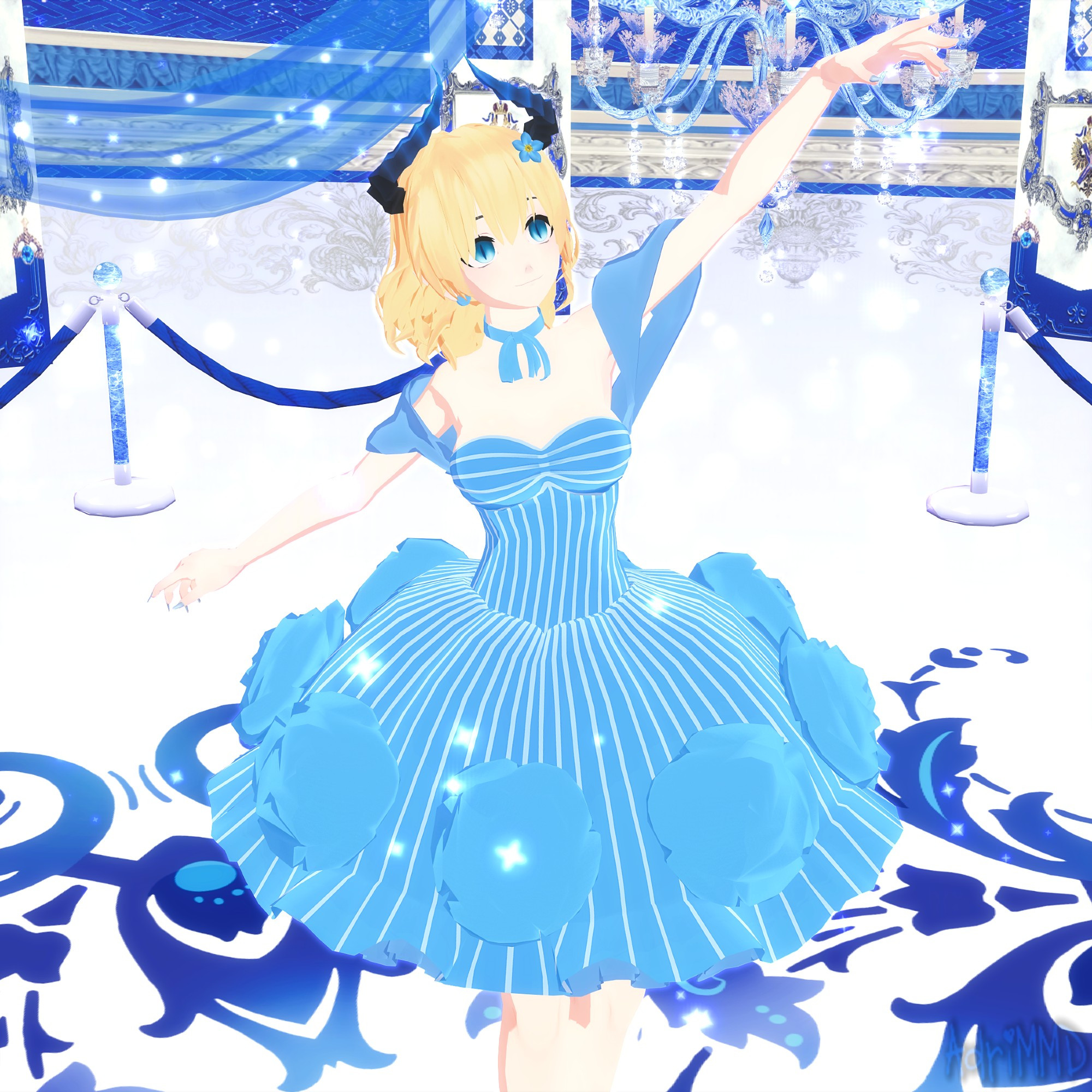 A MikuMikuDance (MMD) 3d render of my OC Lazarine Luhria.
She's wearing a light blue dress and she's dancing inside of a ballroom 
You can also see alot of glowing blue sparkles around her 
