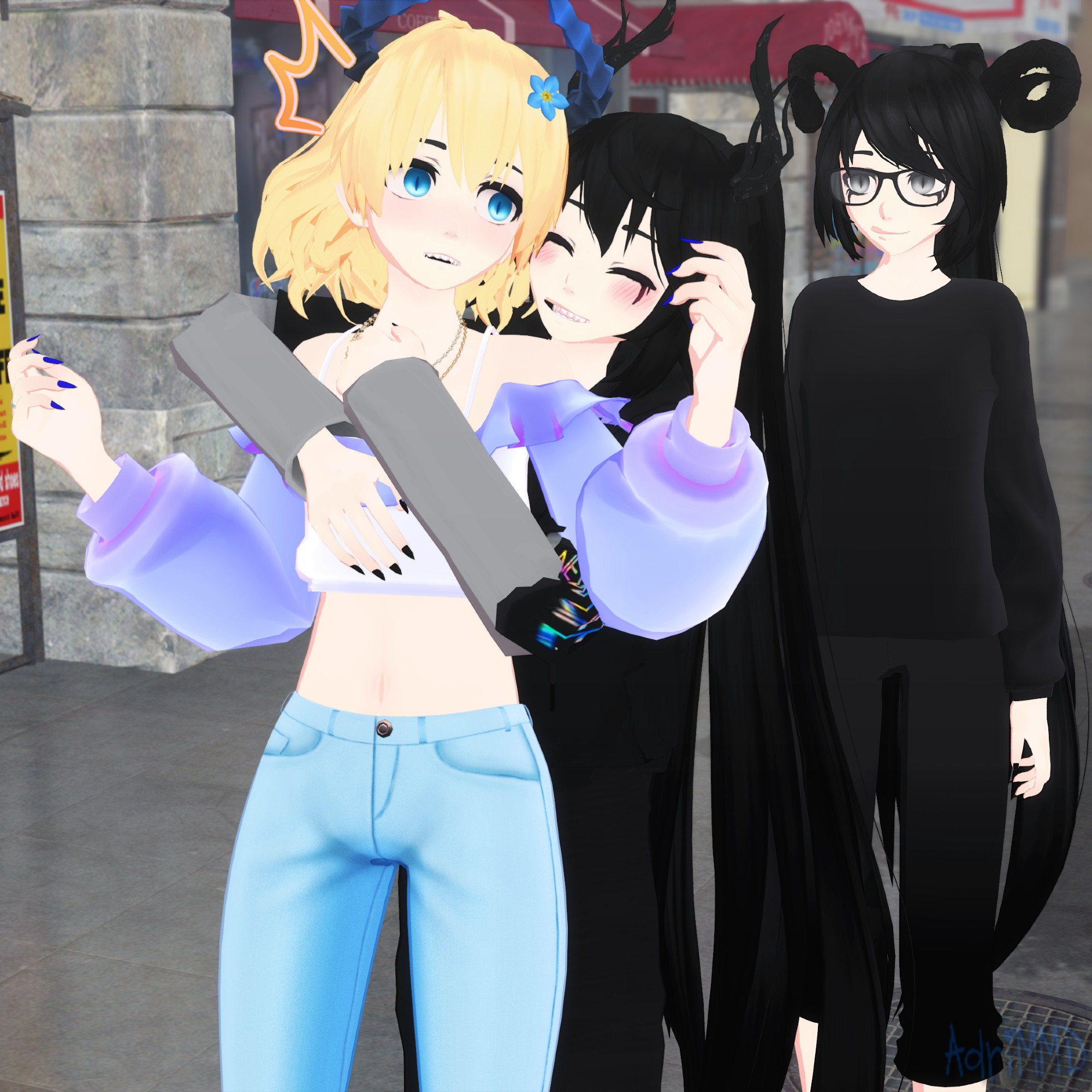 A 3D render made in MikuMikuDance (MMD) featuring my OC's Lazarin , Luxarian and Cyril 
Luxarian is hugging Lazarin from behind with a happy expression on his face and Lazarin is surprised because he didnt expect that 
Cyril is just standing behind them and looking to the left 
Their on a city street with shops and its day 