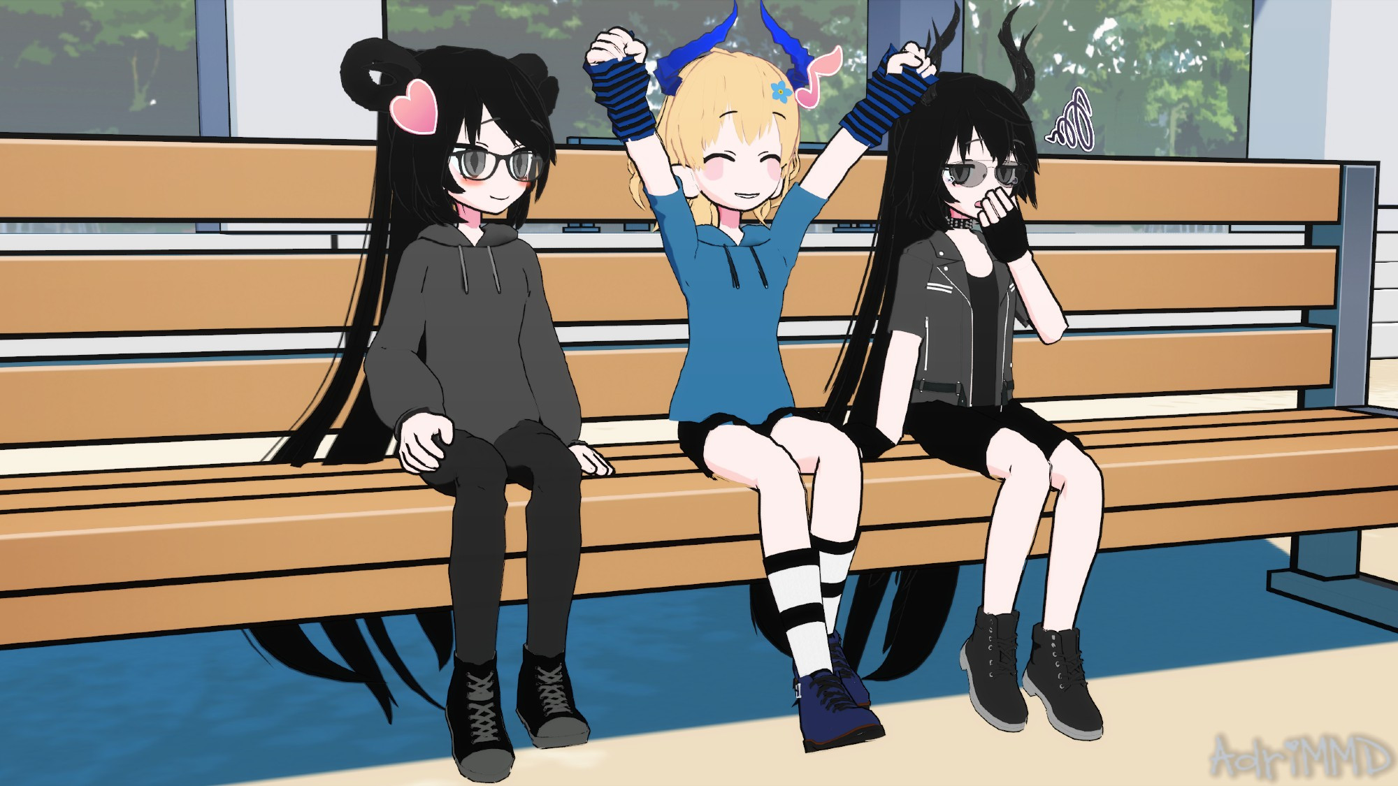 A 3d render of my OC's Cyril , Lazarin and Luxarian in a chibi-like style sitting on a bench