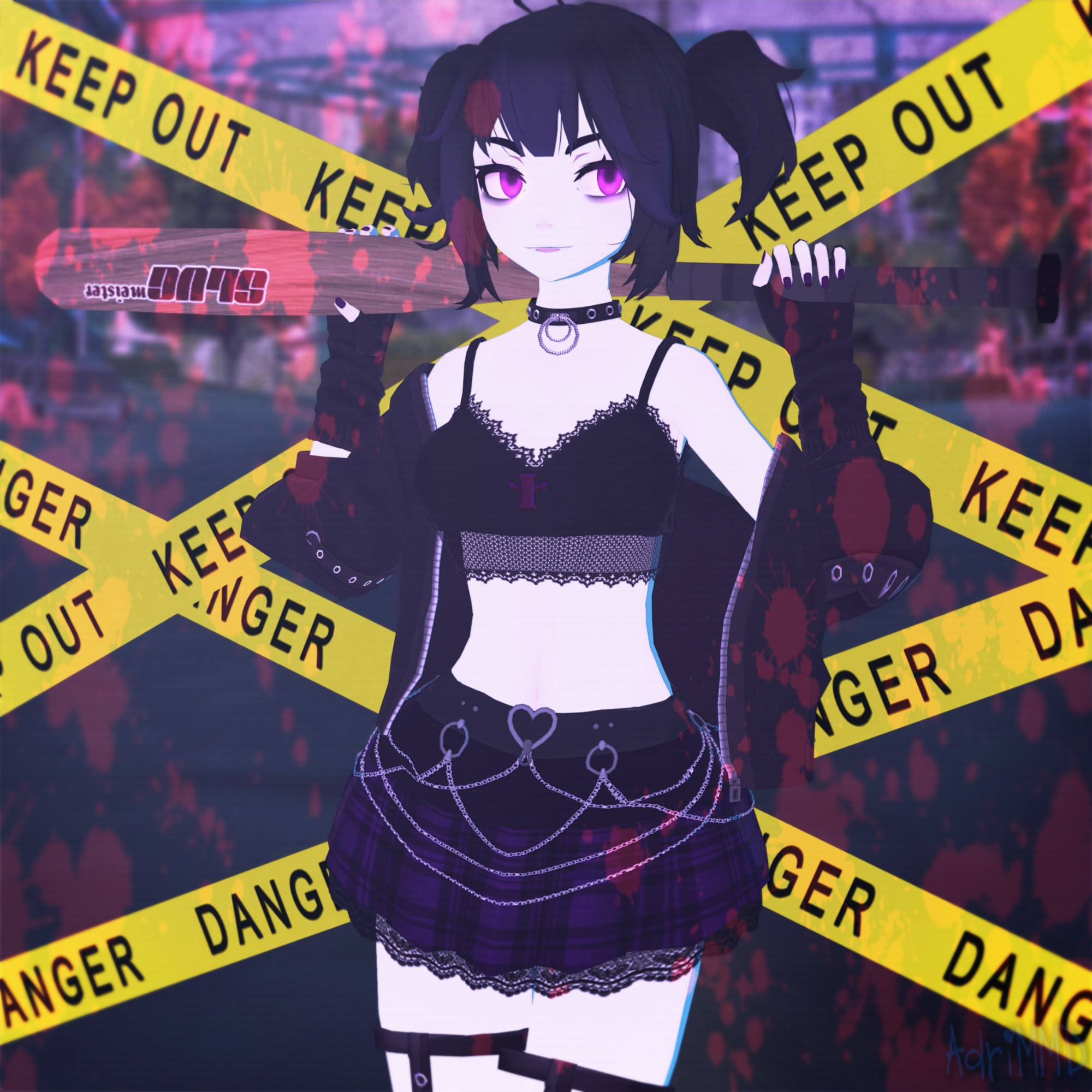 A 3d render made in MMD of my OC Maggie 
She's holding a baseball bat and you can see a blurred city and a bunch of caution tapes behind her. There is a slight blood overlay  visible on the screen