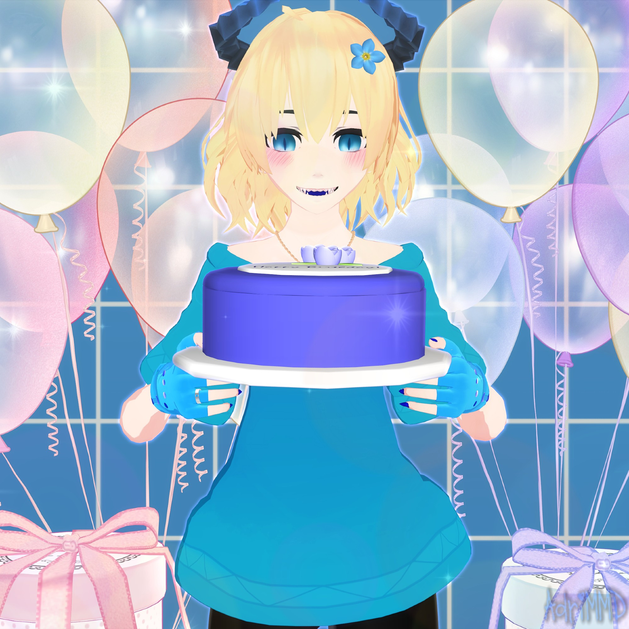 A 3D illustration of my main OC Lazarin Luhria
He's holding a plate with a blue birthday cake on it with a happy expression on his face. These are colorful balloons and present boxes in the background