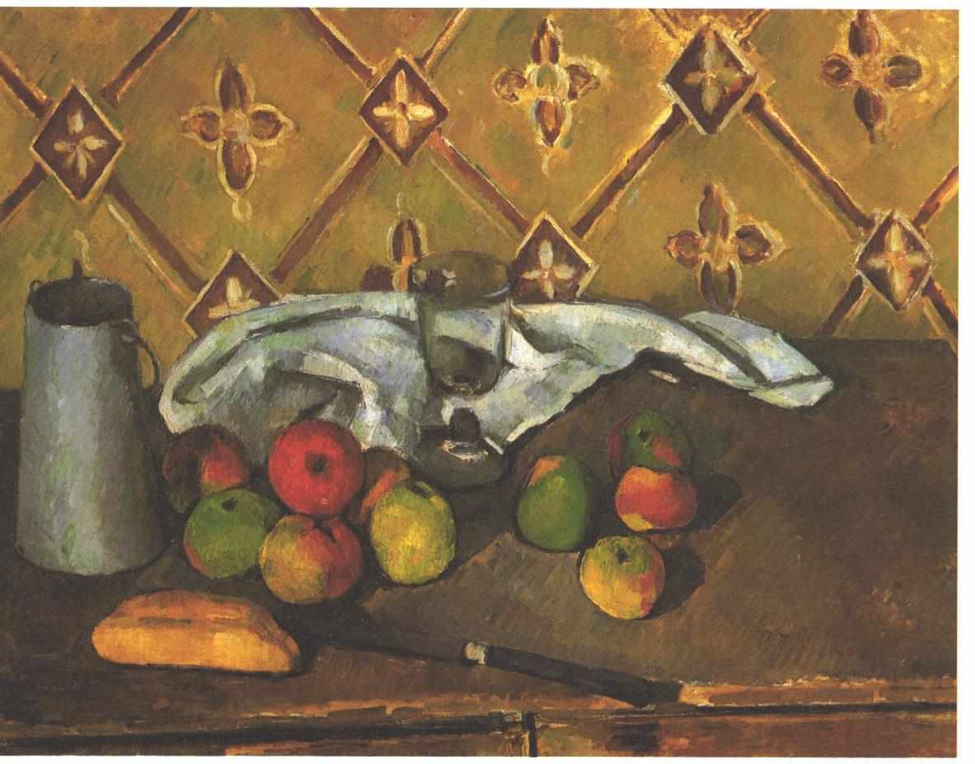 Still life with apples, servettes and a milkcan