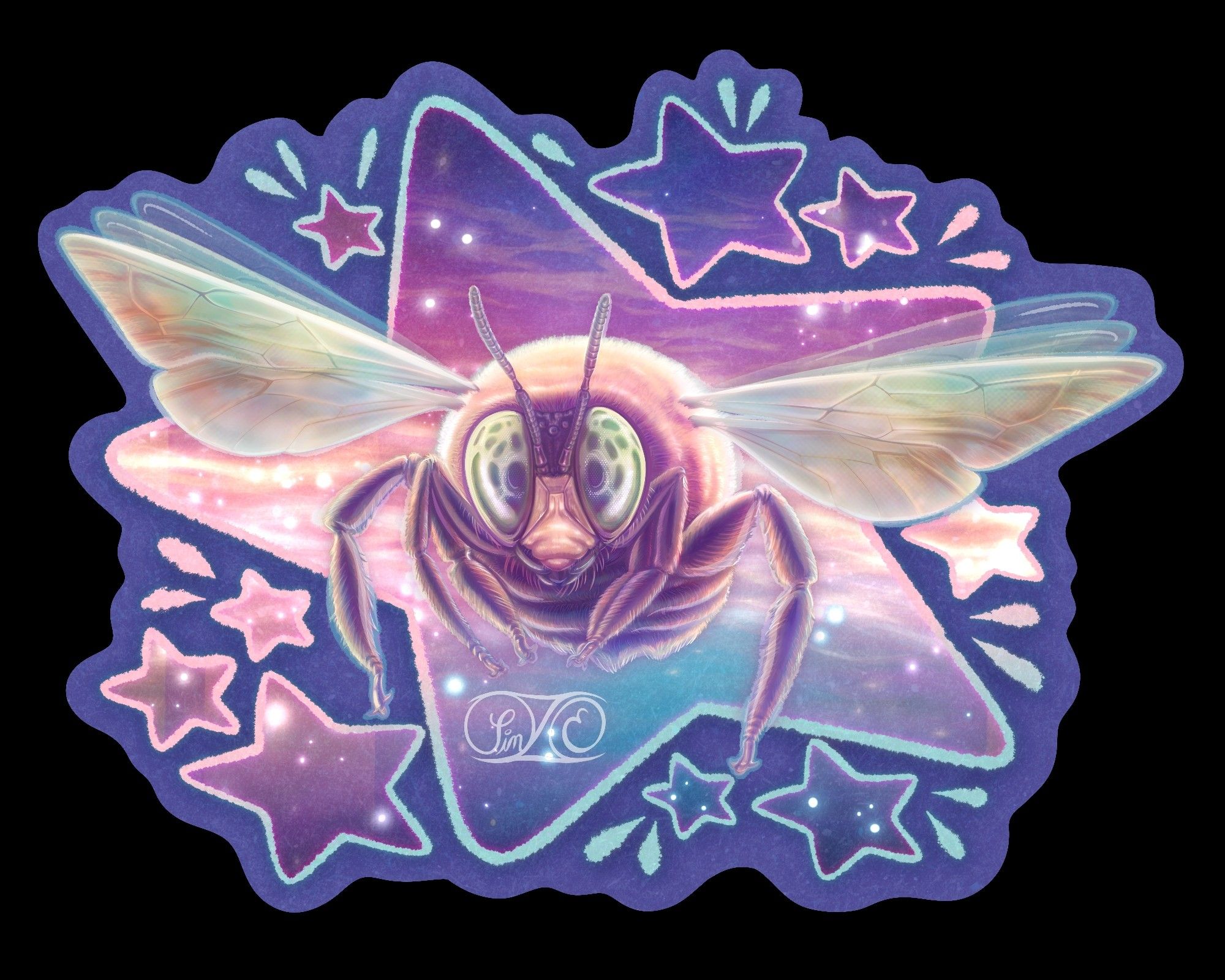 Same galax-bee digital painting as above but with a purple background die-cut style for stickers.