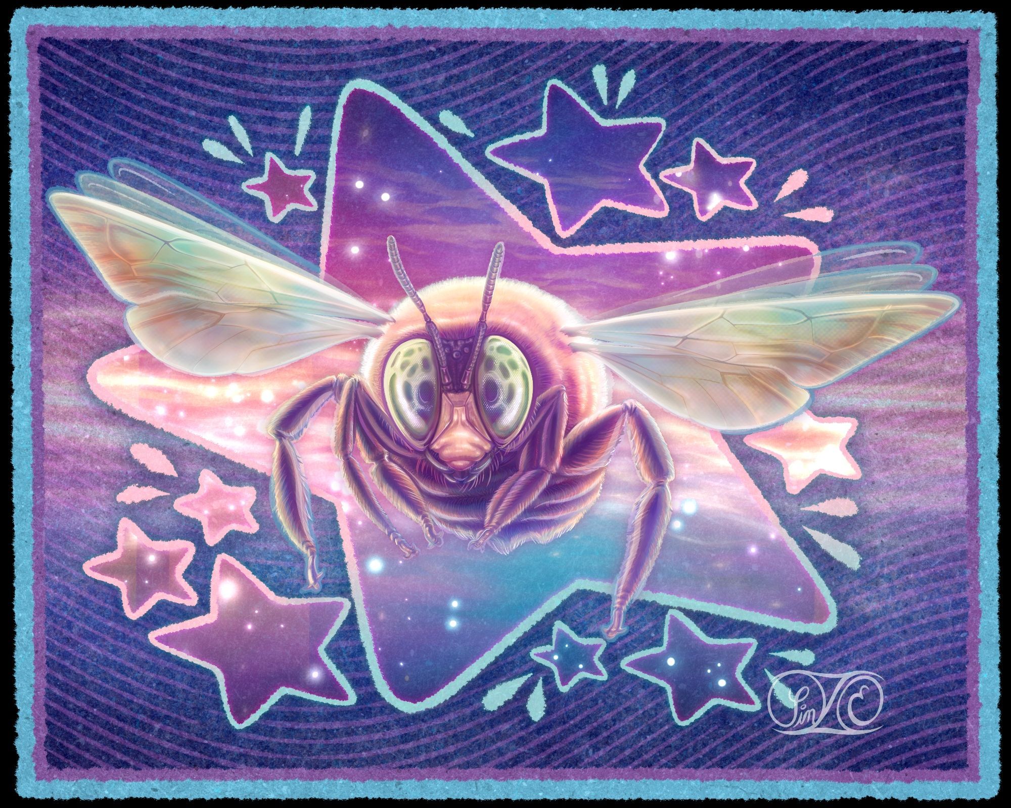 Extremely colorful digital painting featuring a carpenter bee over cut-out stars, which partially obscure a galaxy-style background