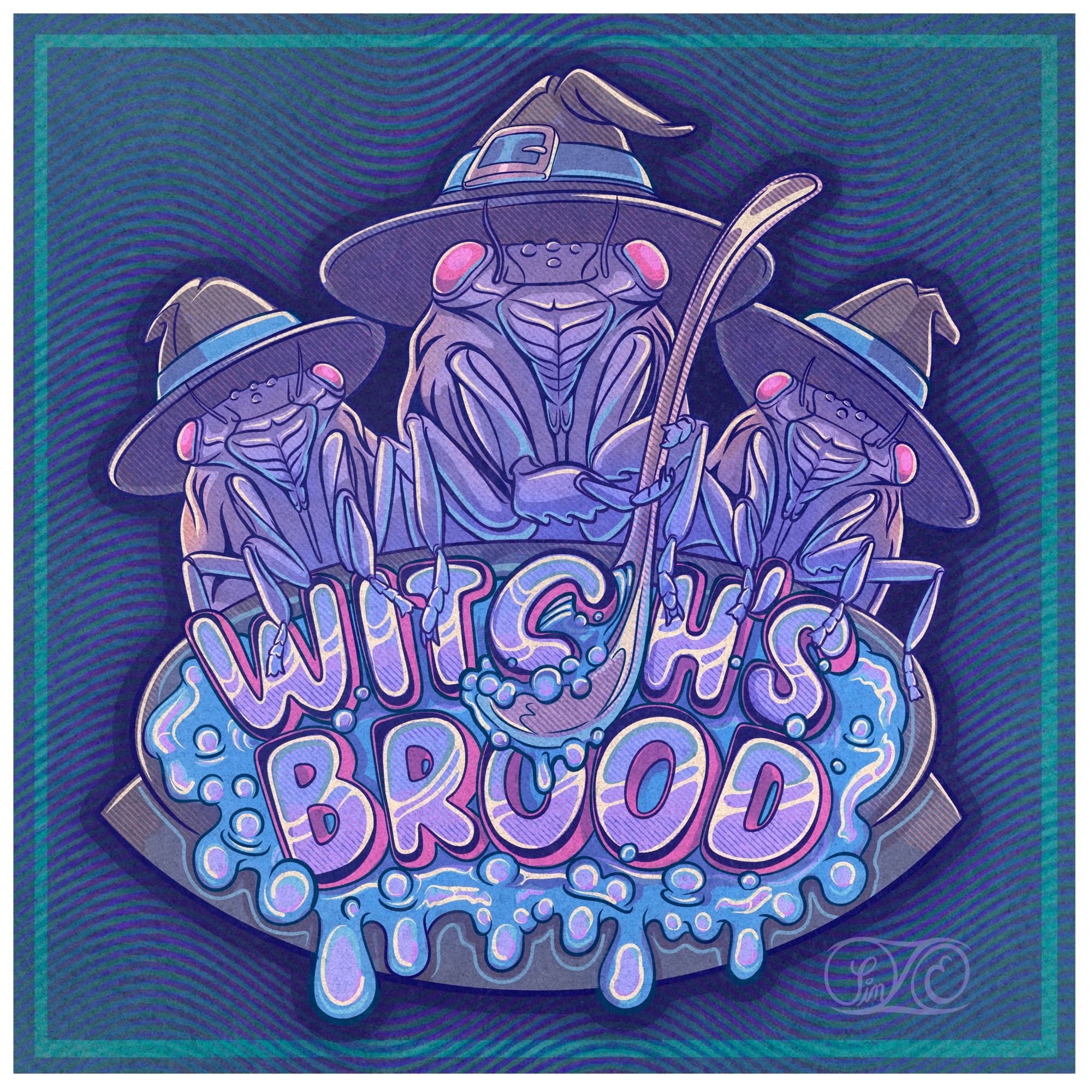 Textured illustration of three cicadas, the center cicada is raising a ladle containing the letter C of the words "Witch's Brood".